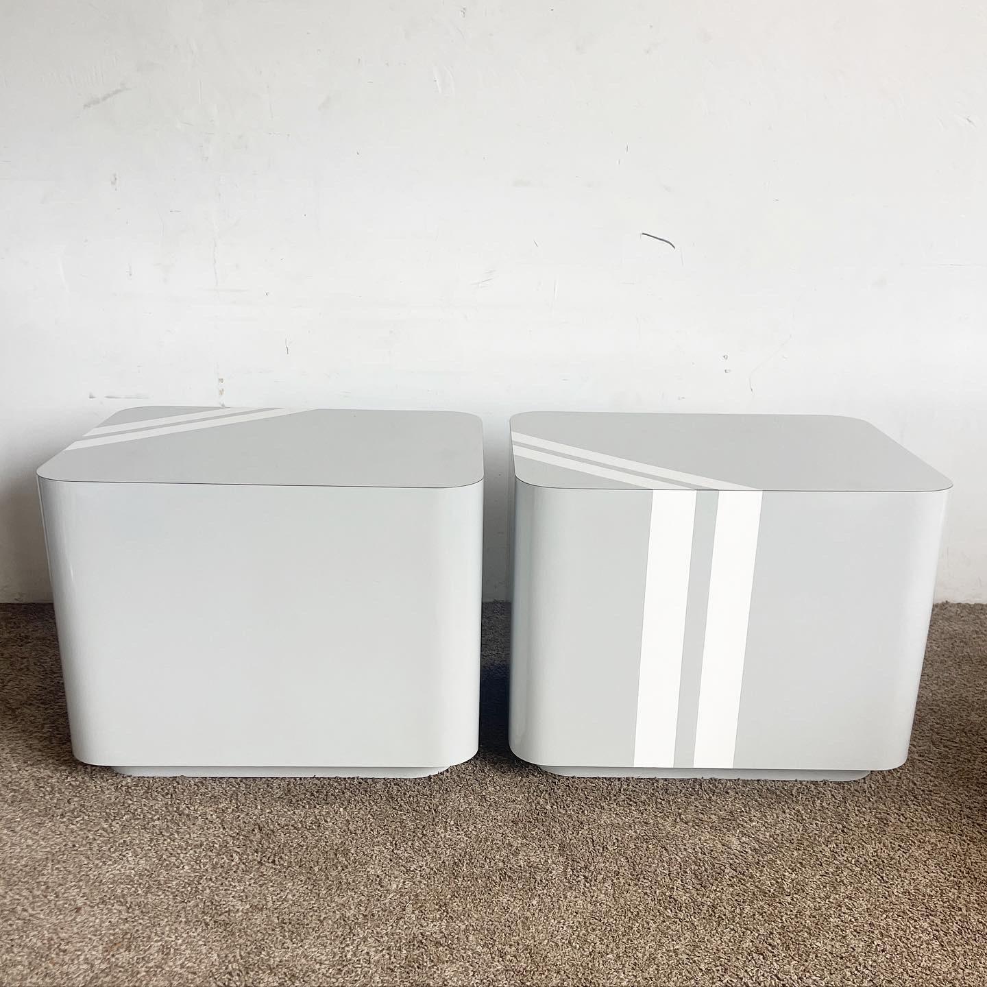 American Postmodern Grey and White Striped Lacquer Laminate Side Table - a Pair For Sale