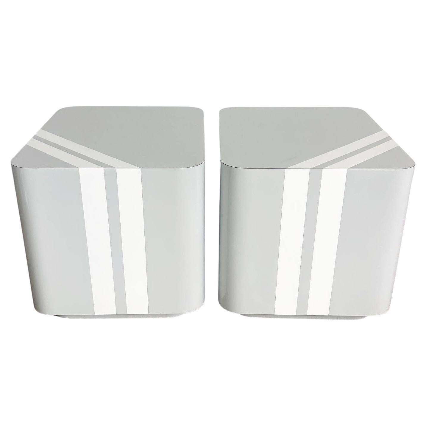 Postmodern Grey and White Striped Lacquer Laminate Side Table - a Pair For Sale