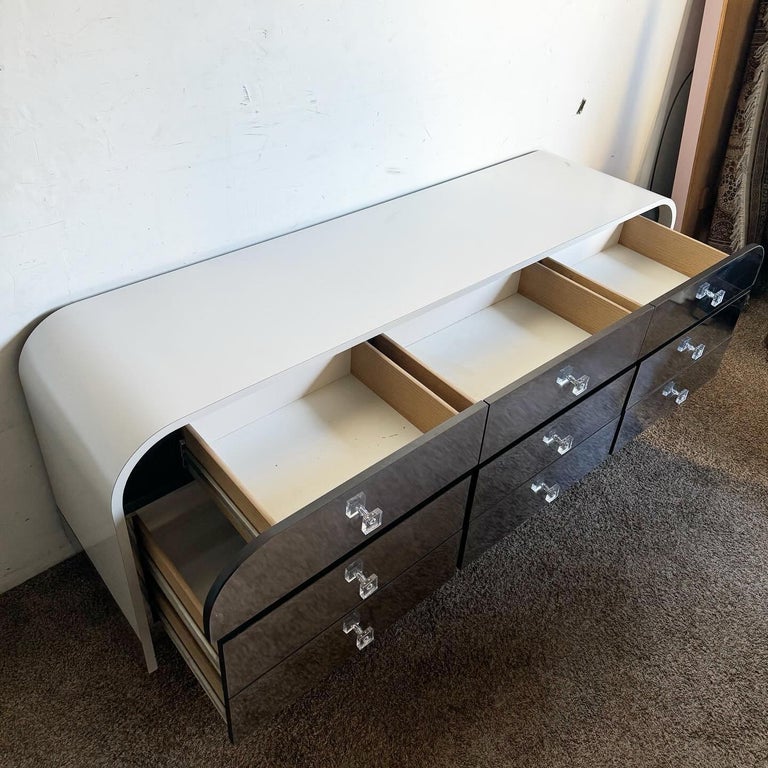 Postmodern Grey Lacquer Laminate and Smoked Chrome Waterfall Dresser For  Sale at 1stDibs
