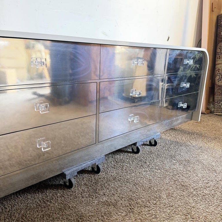 Postmodern Grey Lacquer Laminate and Smoked Chrome Waterfall Dresser For  Sale at 1stDibs