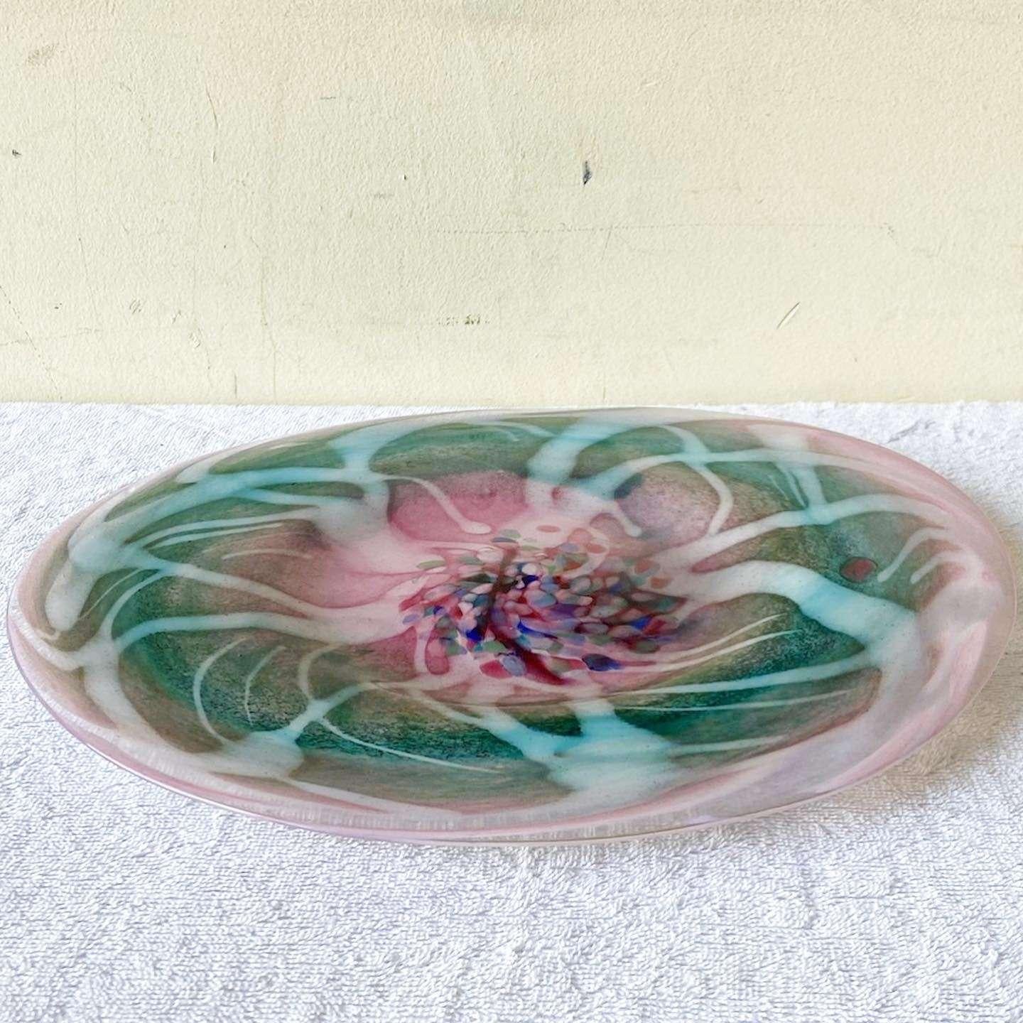 Late 20th Century Postmodern Hand Blown Pink and Green Glass Platter For Sale