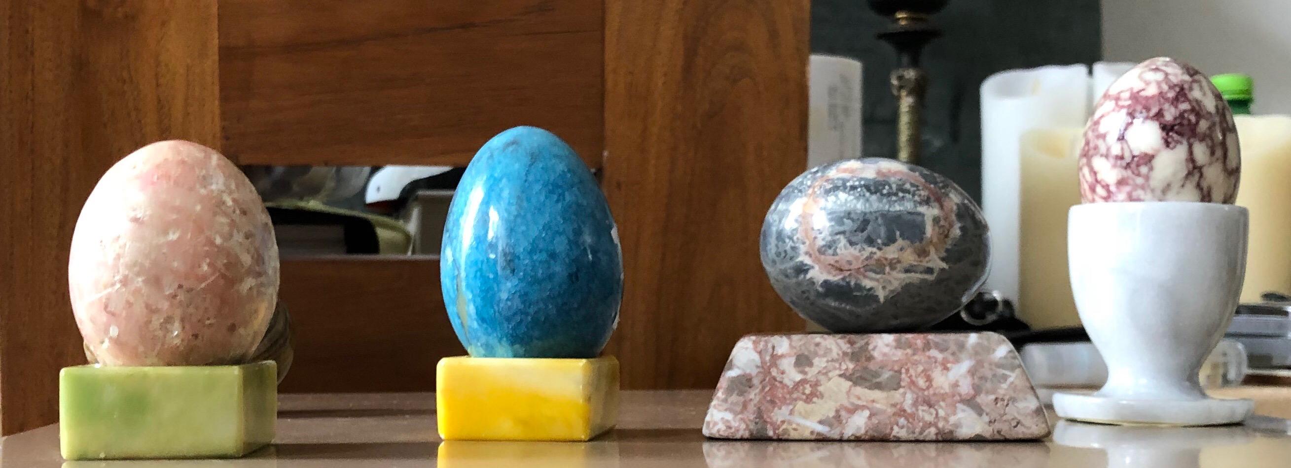 Post-Modern Post-modern Hand Carved & Burnished Stone Egg & Holster Set, Memphis Inspired