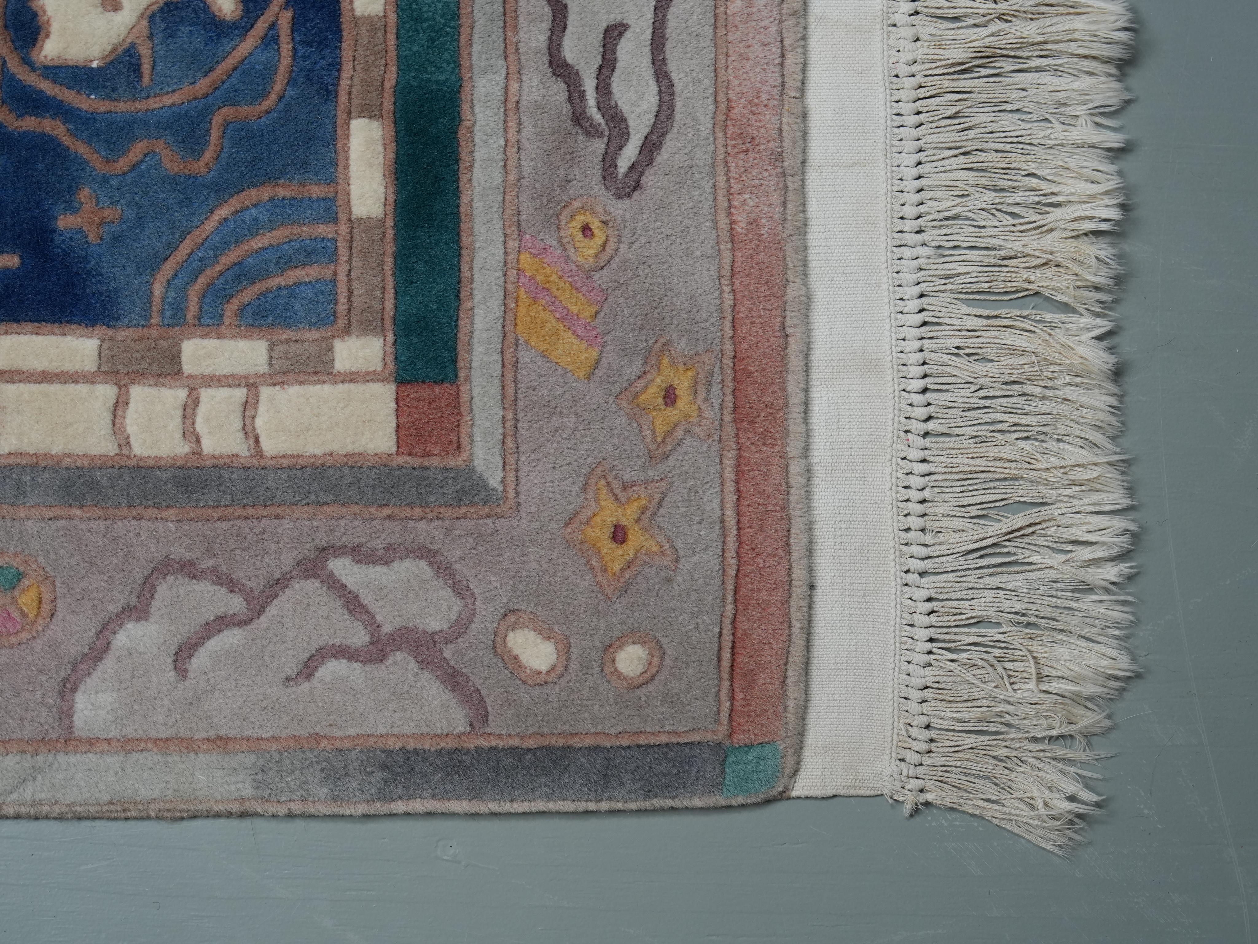 Postmodern hand-knotted wool Carpet with mythical and abstract Symbols, 1987 For Sale 6