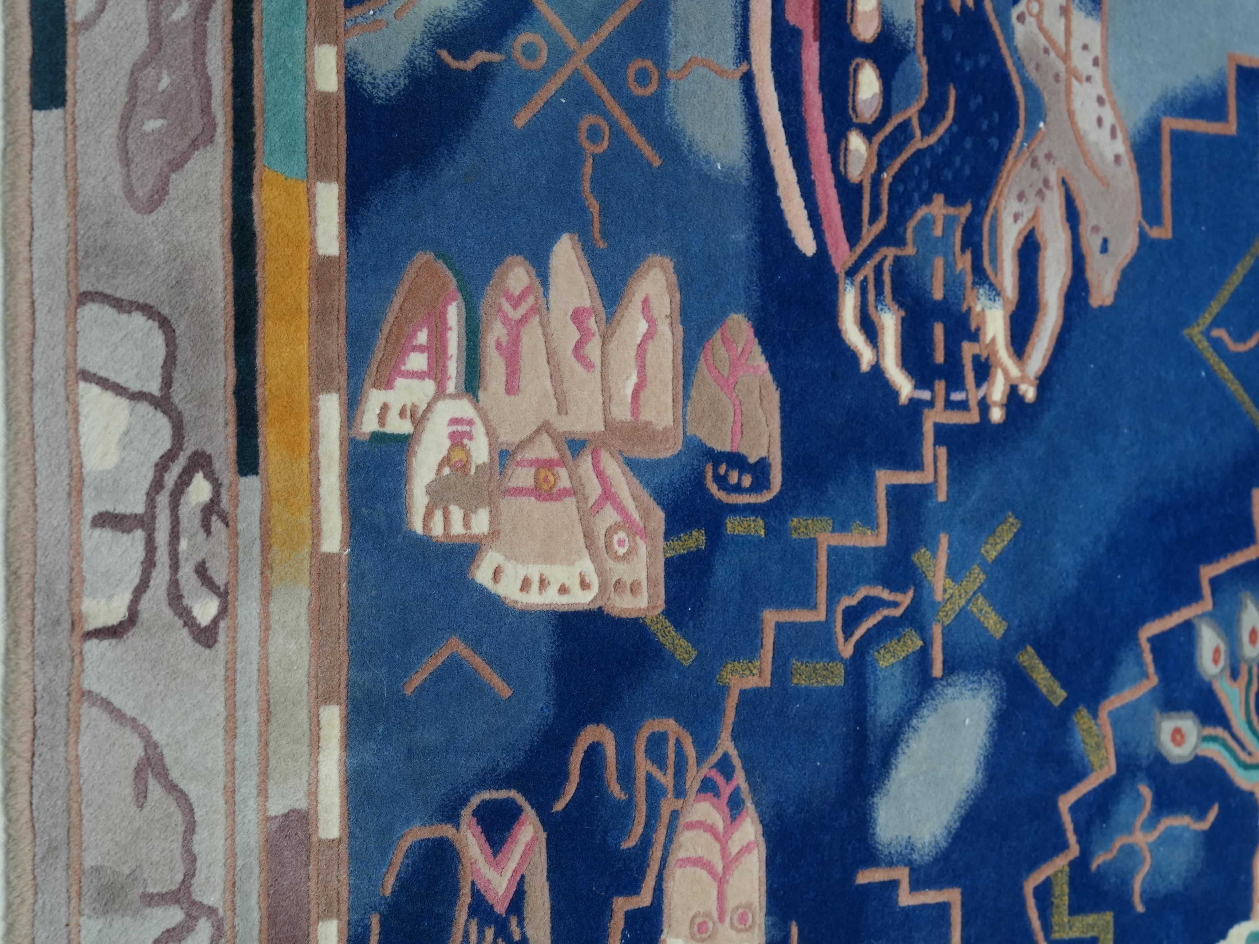 Late 20th Century Postmodern hand-knotted wool Carpet with mythical and abstract Symbols, 1987 For Sale