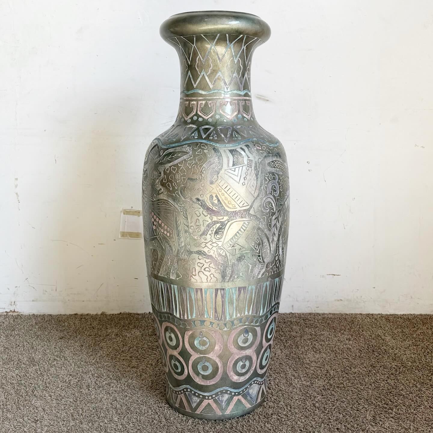 Post-Modern Postmodern Hand Painted and Carved Large Floor Vase For Sale