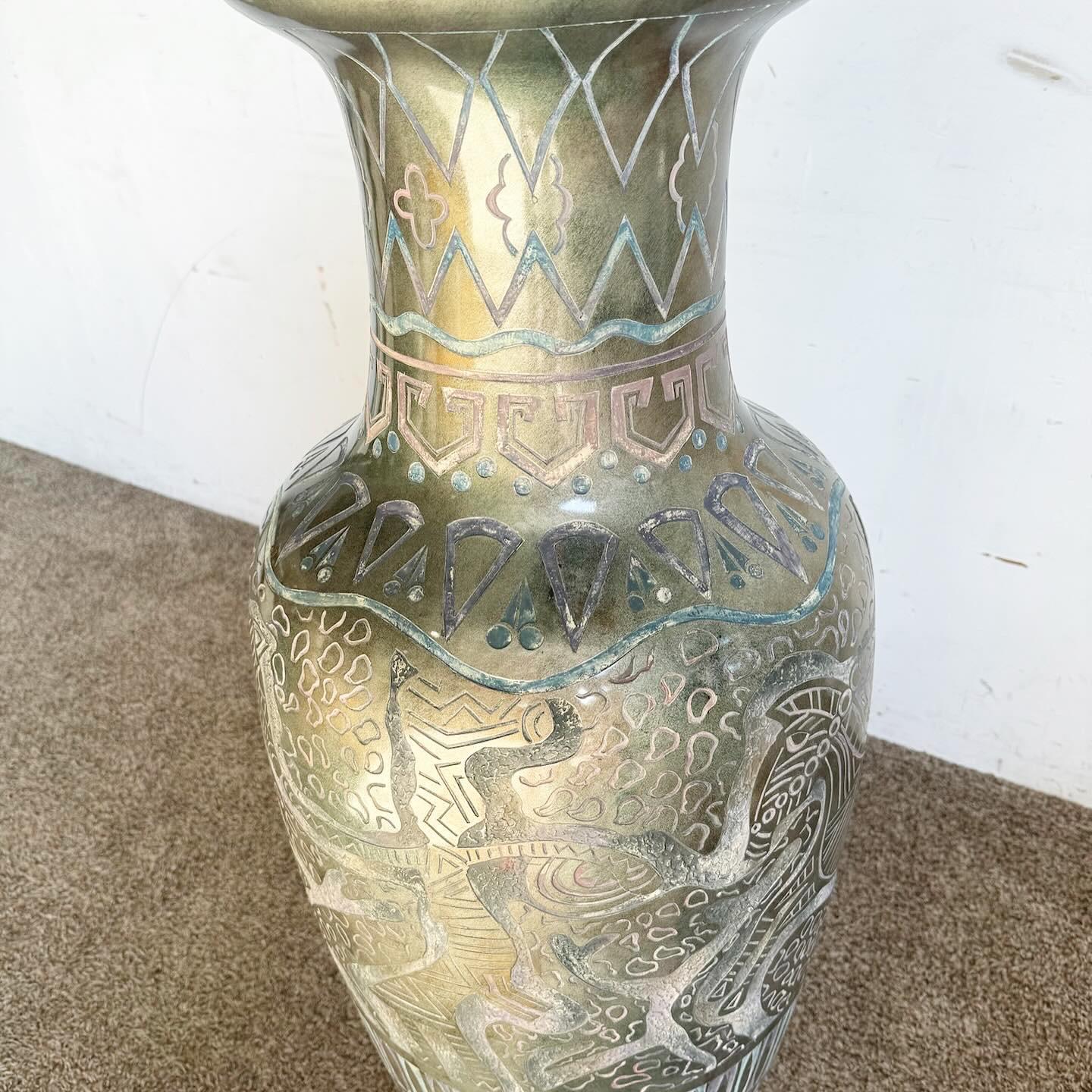 American Postmodern Hand Painted and Carved Large Floor Vase For Sale