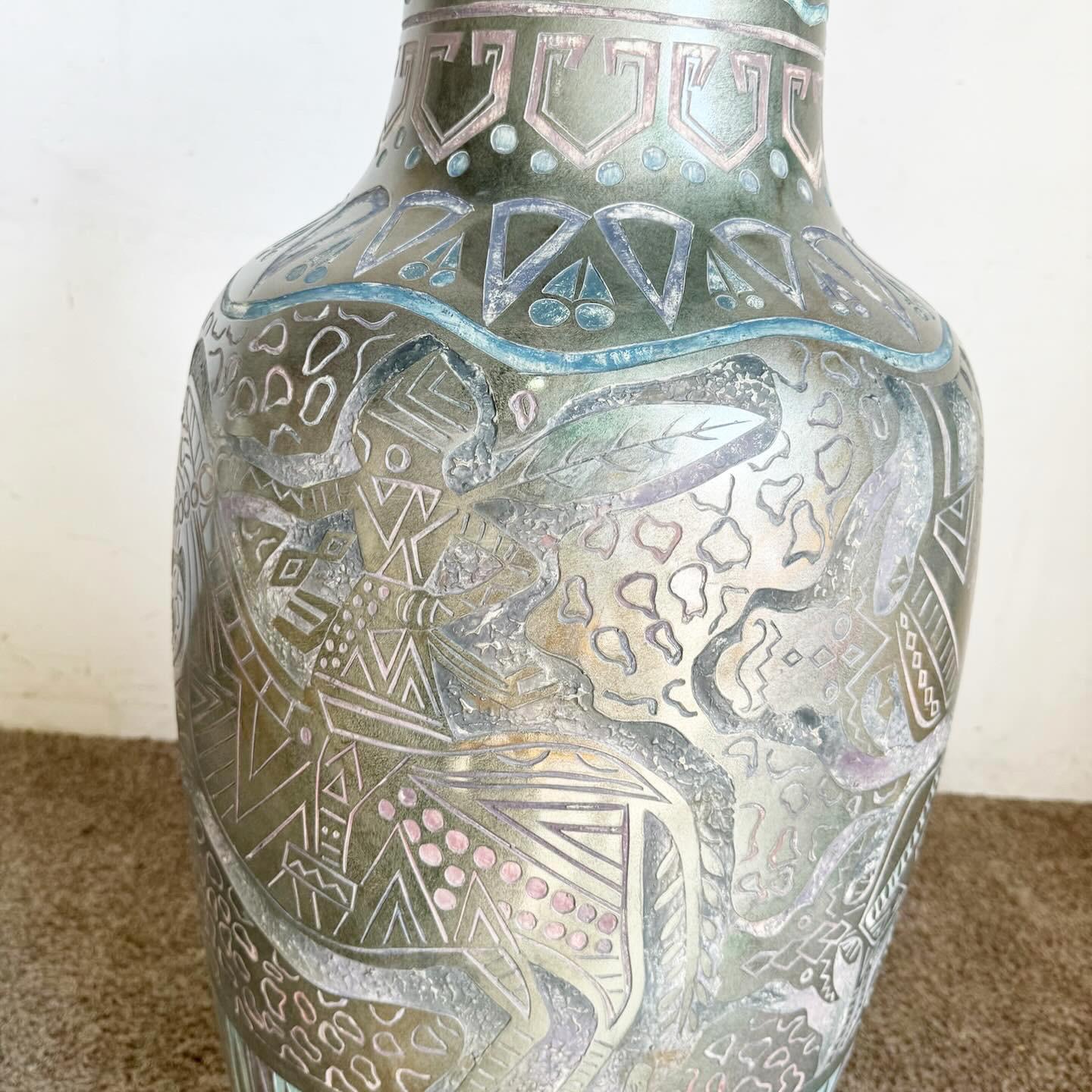 Postmodern Hand Painted and Carved Large Floor Vase In Good Condition For Sale In Delray Beach, FL