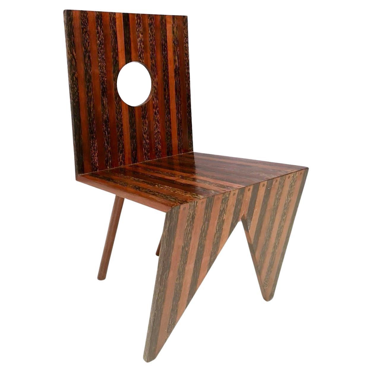 Postmodern Handmade Geometrical Solid Beech and Walnut Side Chair, Italy 1980s
