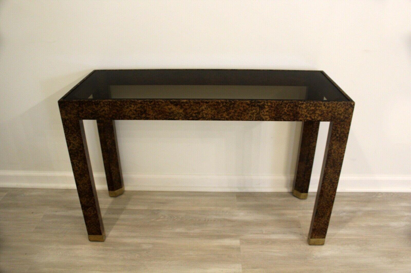Postmodern Henredon Faux Tortoise Shell Smoked Glass Console Table In Good Condition In Keego Harbor, MI
