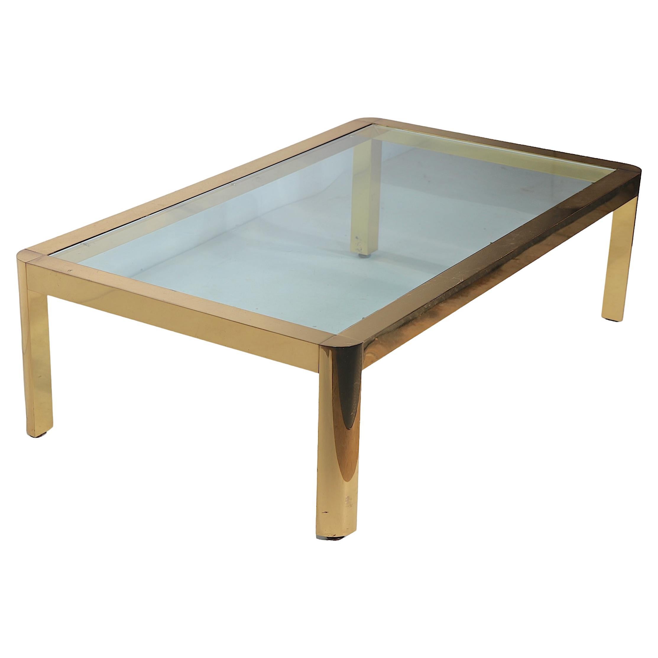 Postmodern Hollywood Regency Brass and Glass Coffee Table Made in Italy c 1970's For Sale