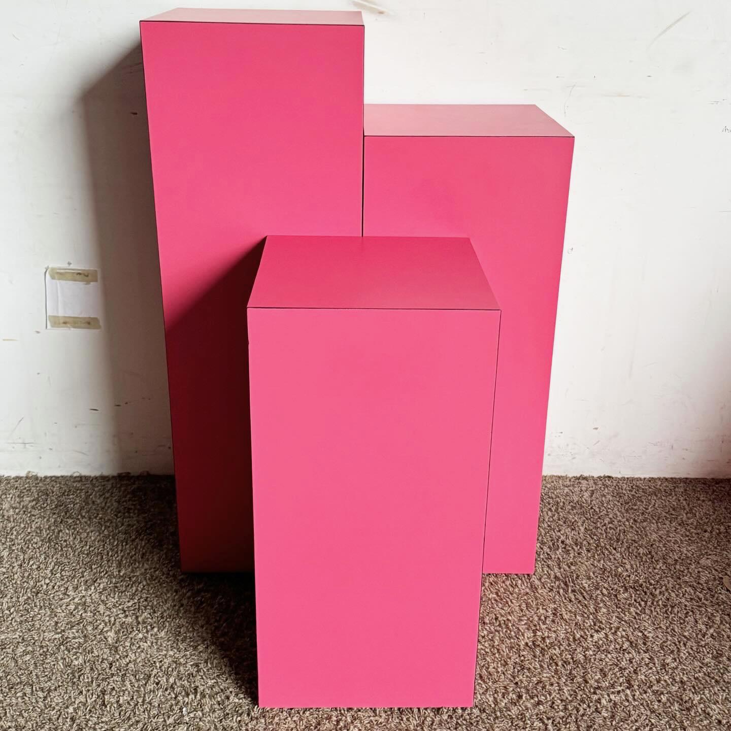 Post-Modern Postmodern Hot Pink Matte Laminate Ascending Rectangular Pedestal Set - Set of 3 For Sale