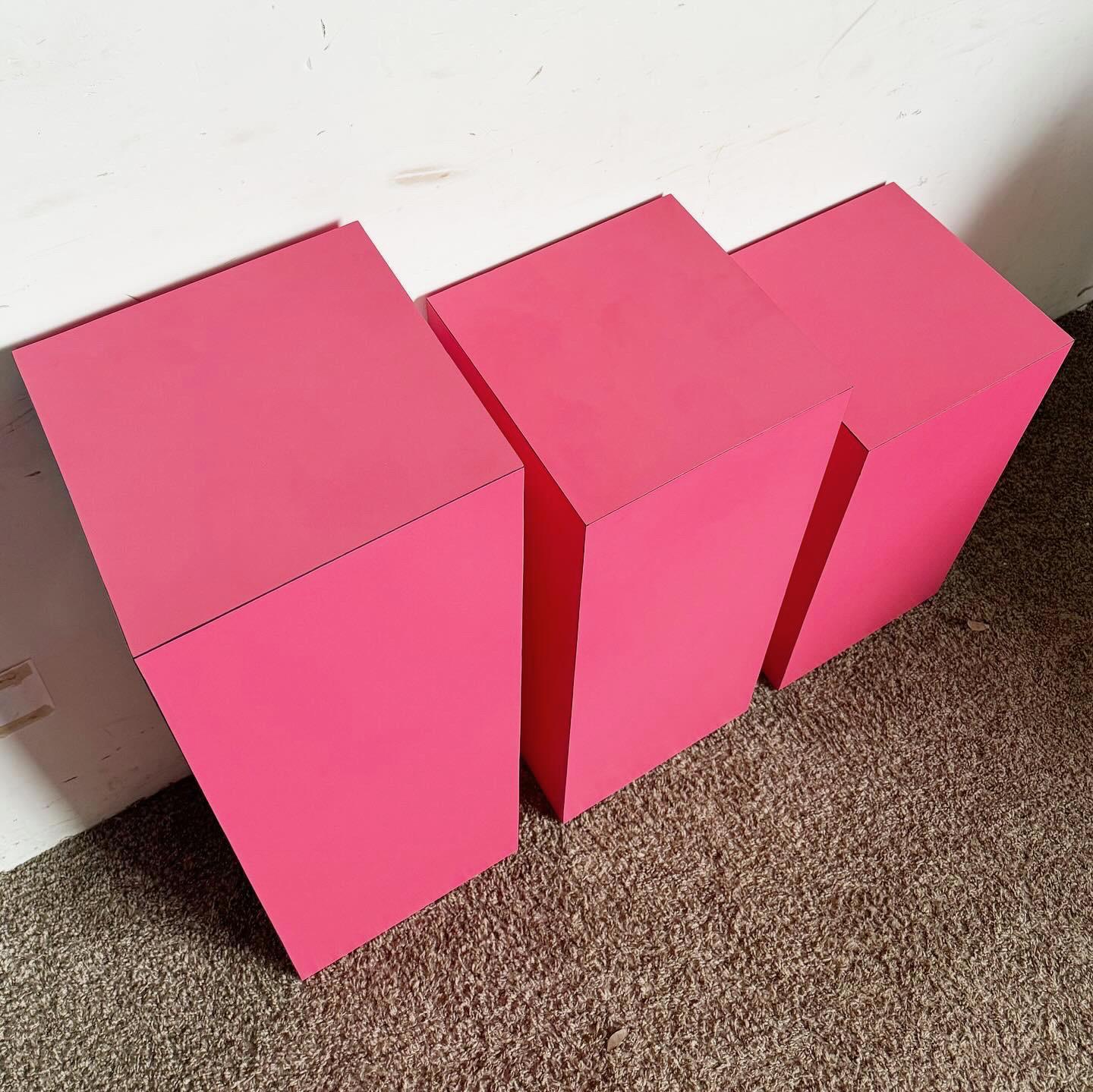 American Postmodern Hot Pink Matte Laminate Ascending Rectangular Pedestal Set - Set of 3 For Sale