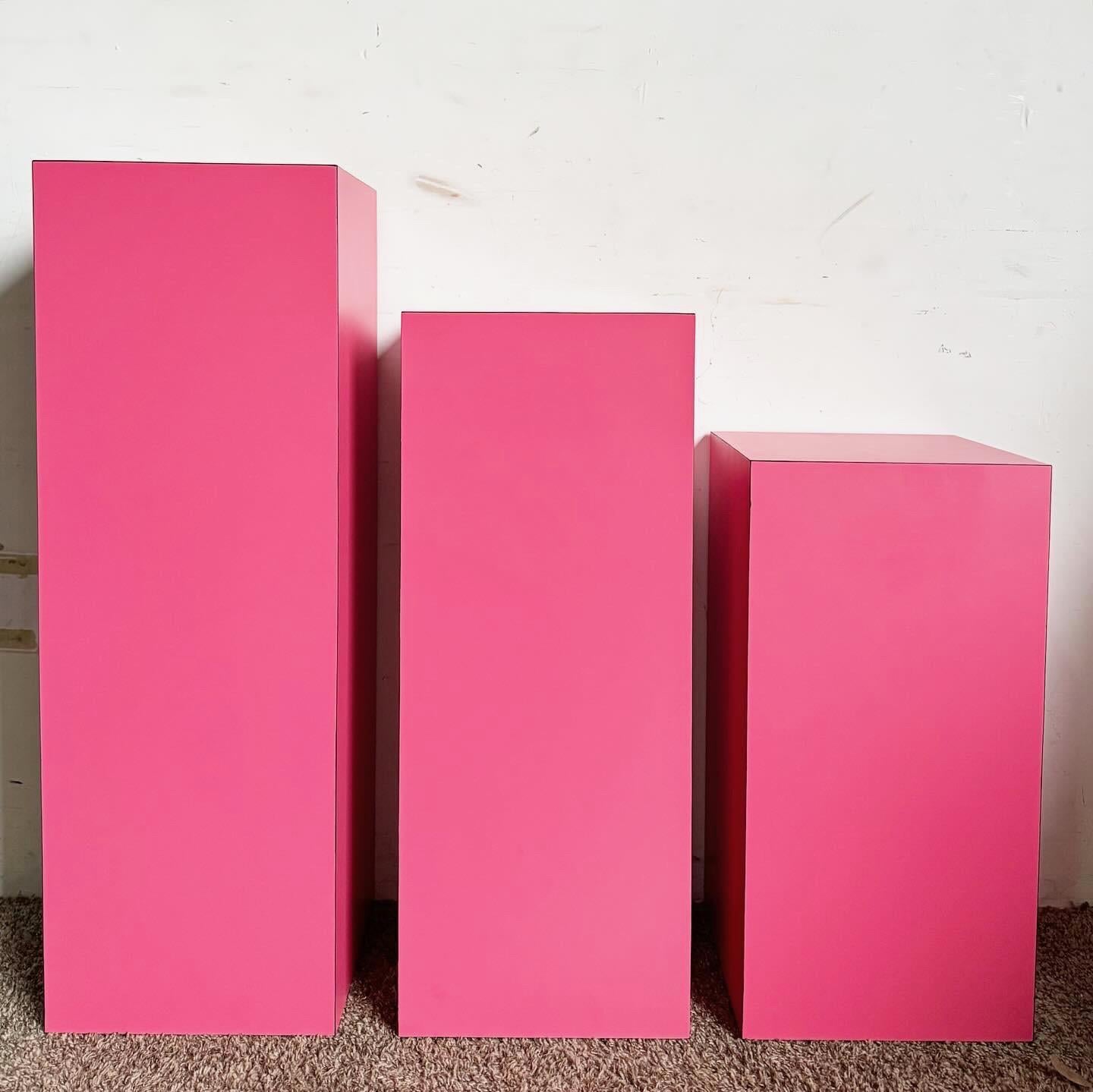 Postmodern Hot Pink Matte Laminate Ascending Rectangular Pedestal Set - Set of 3 In Good Condition For Sale In Delray Beach, FL