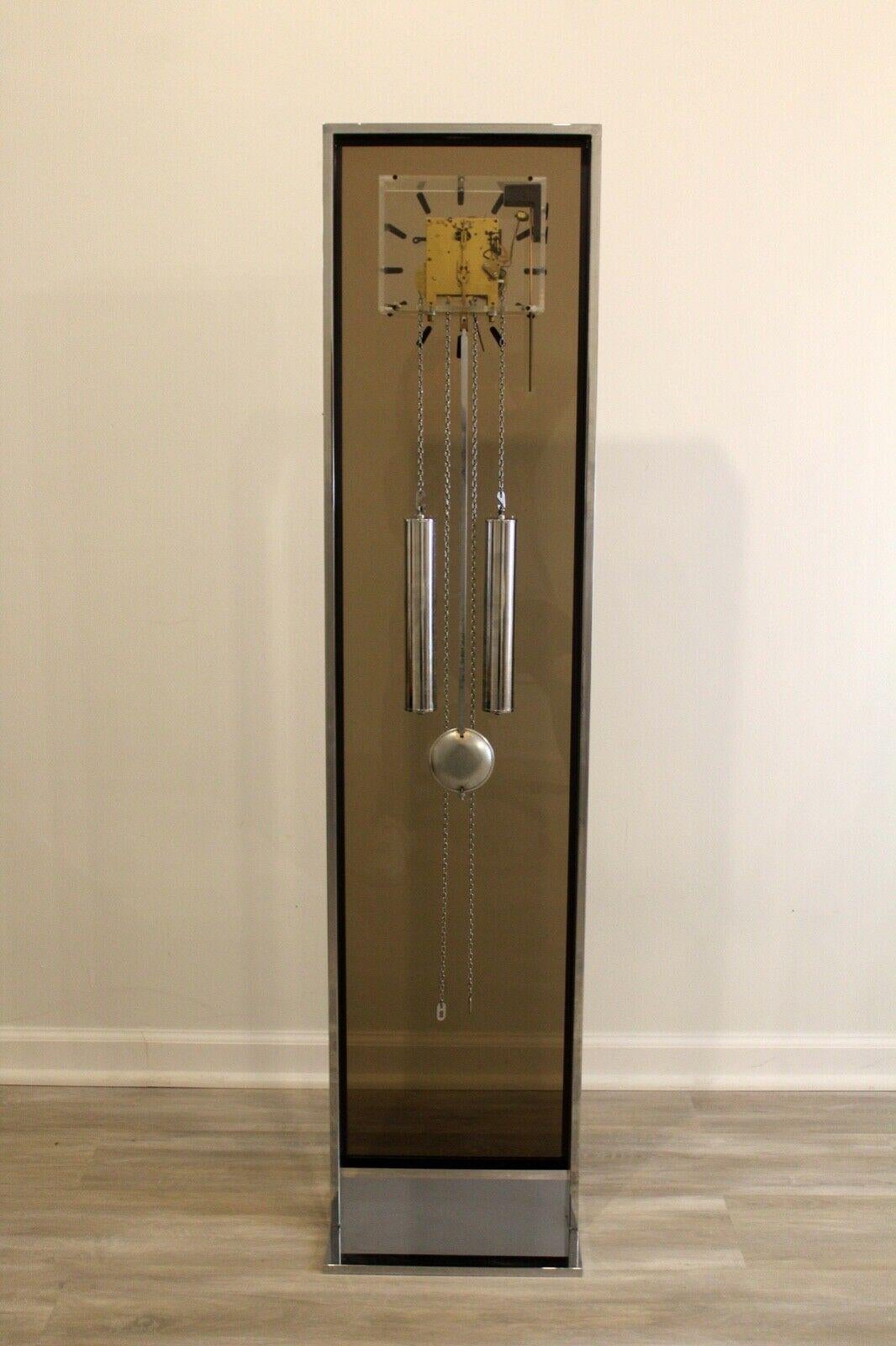 Postmodern Howard Miller Bronze Plexiglass & Chrome Weight Driven Floor Clock 2