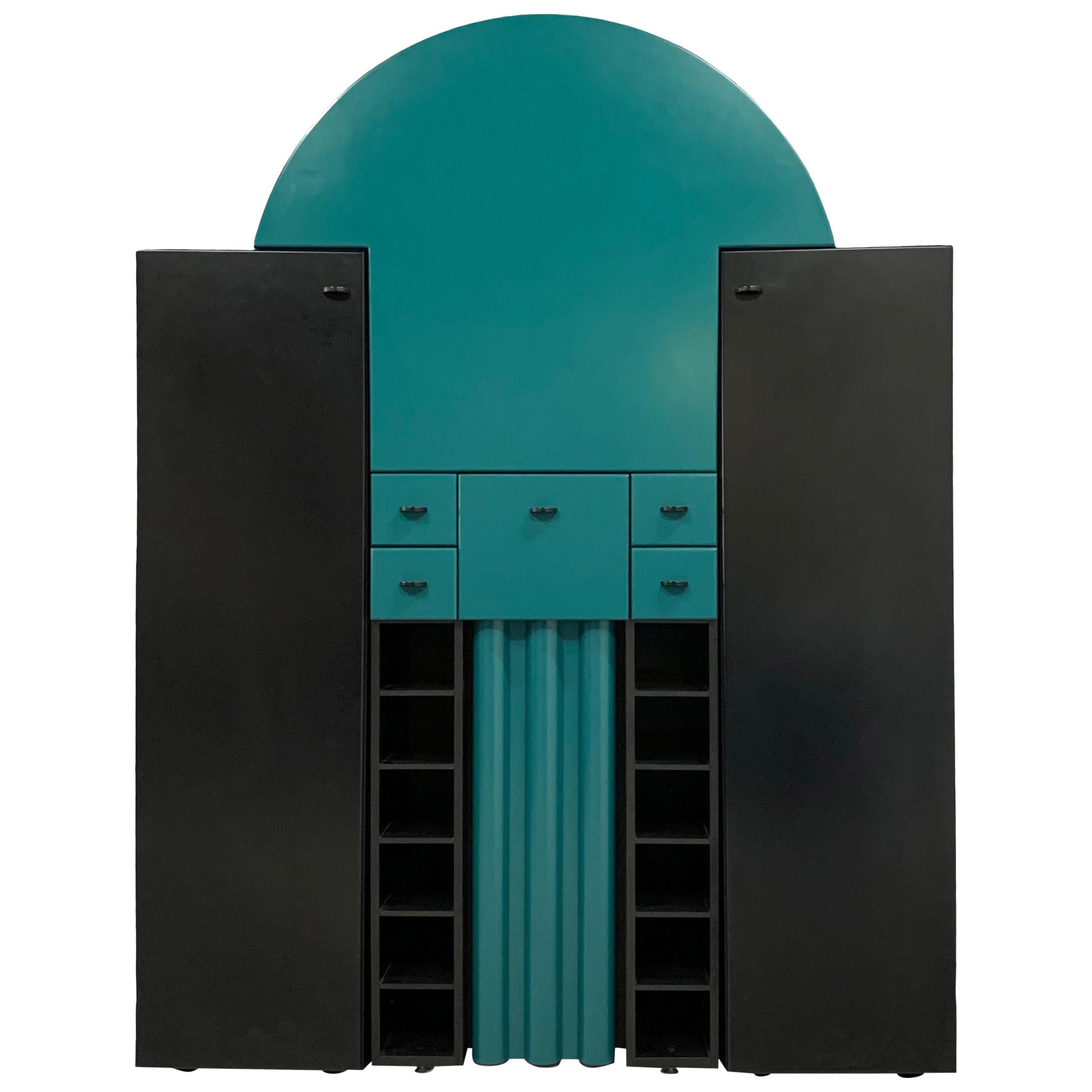Postmodern Interlübke Teal & Black Lighted Bar Cabinet from Germany, 1970s For Sale