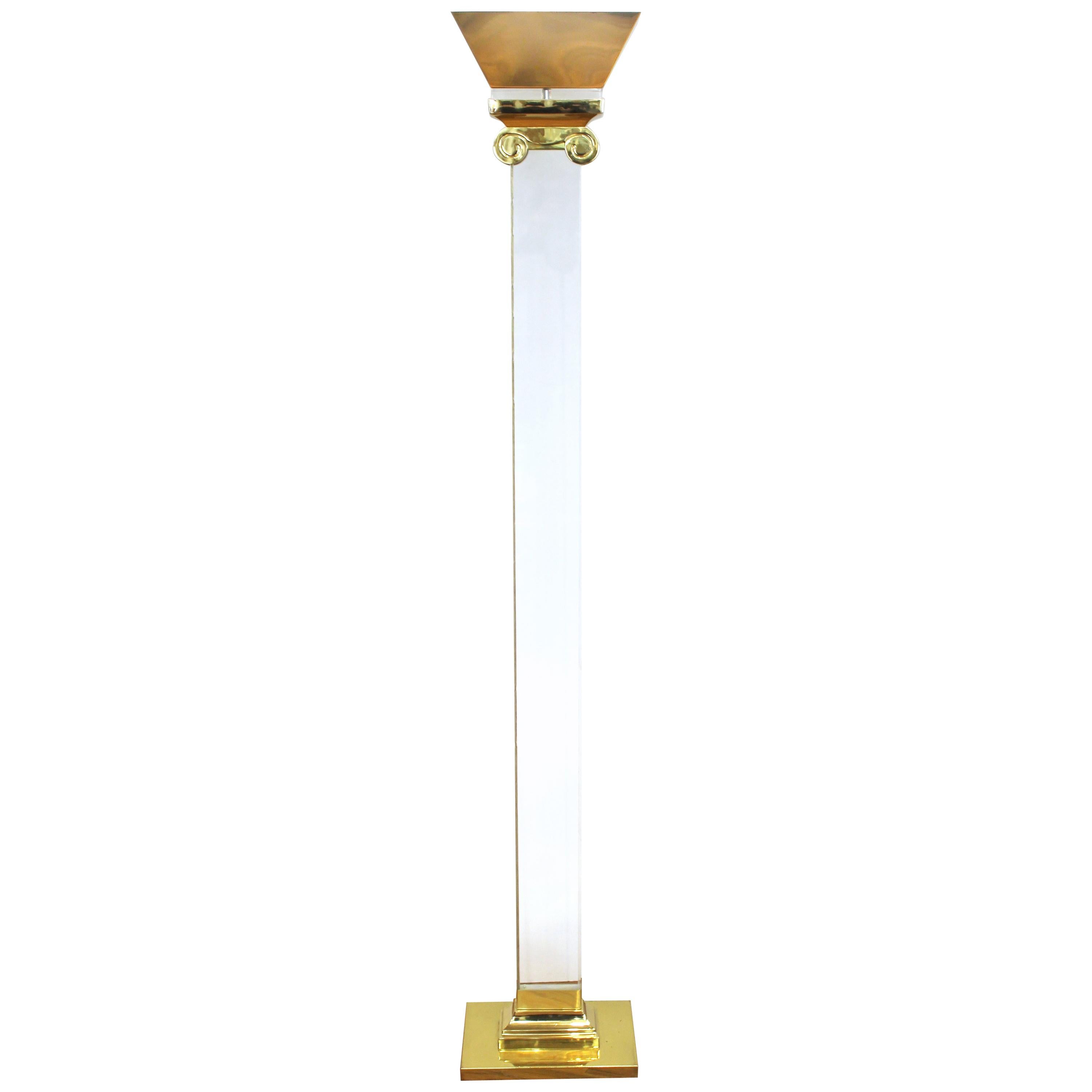 Postmodern Ionic Column Floor Lamp in Brass and Lucite For Sale
