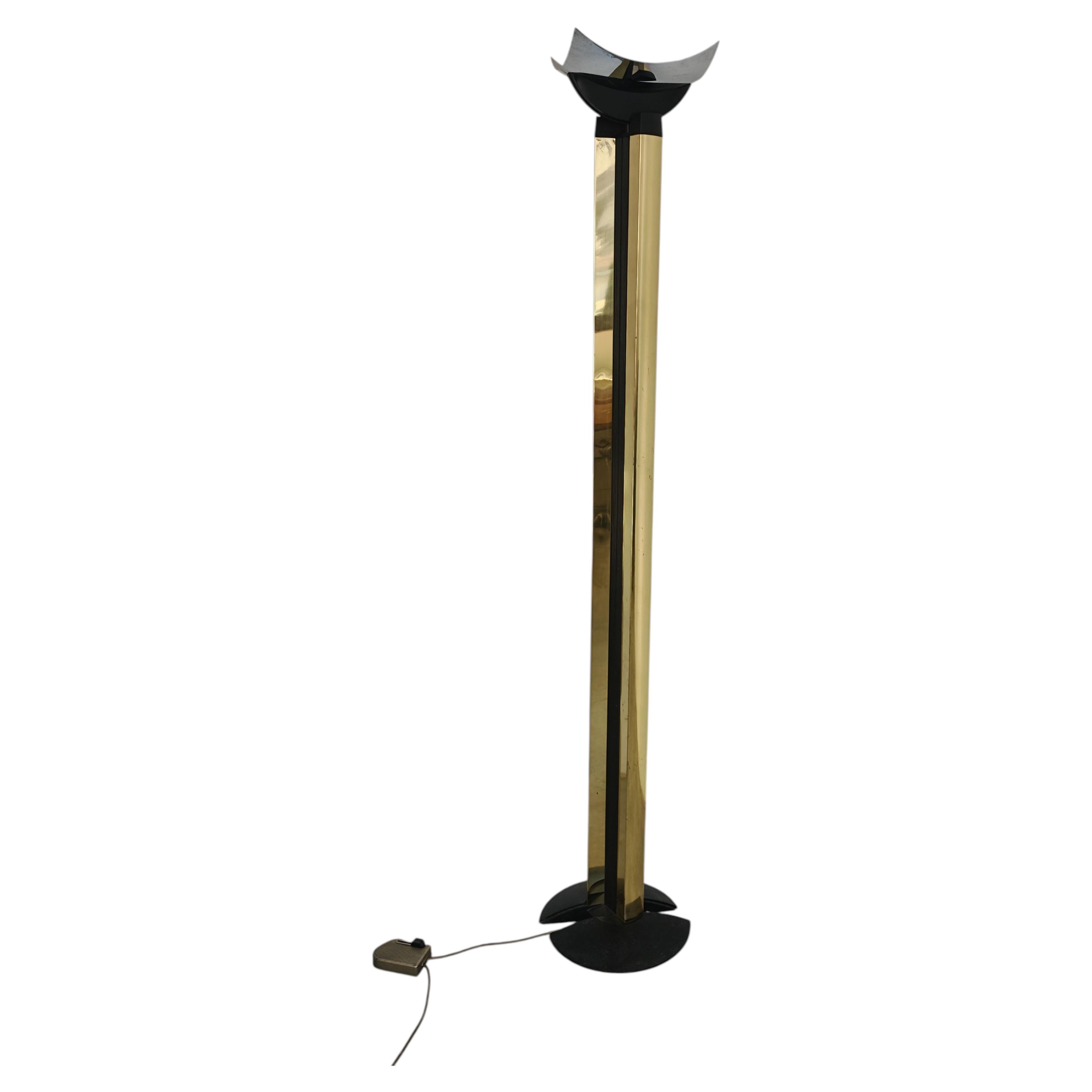 Postmodern ir Art Deco revival Torchiere Floor Lamp in brass, Italy 1970s