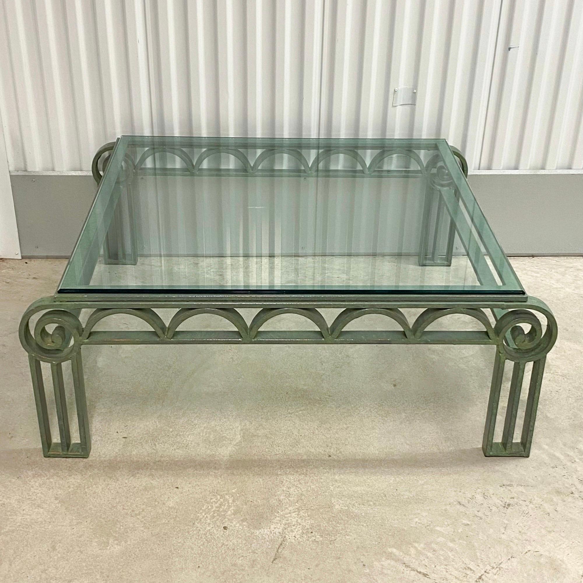 Bronzed Postmodern Iron Column Coffee Table with Glass Top