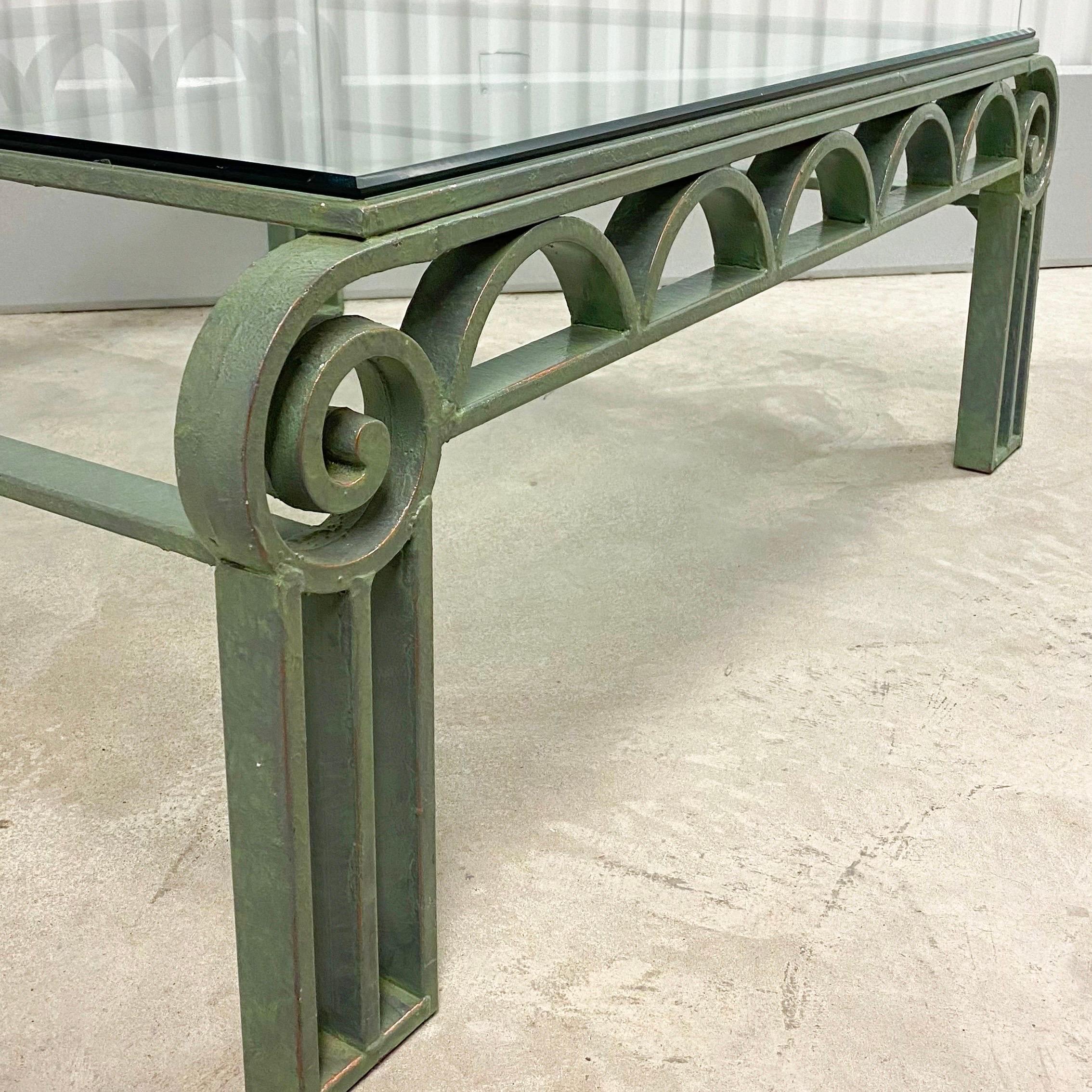 20th Century Postmodern Iron Column Coffee Table with Glass Top