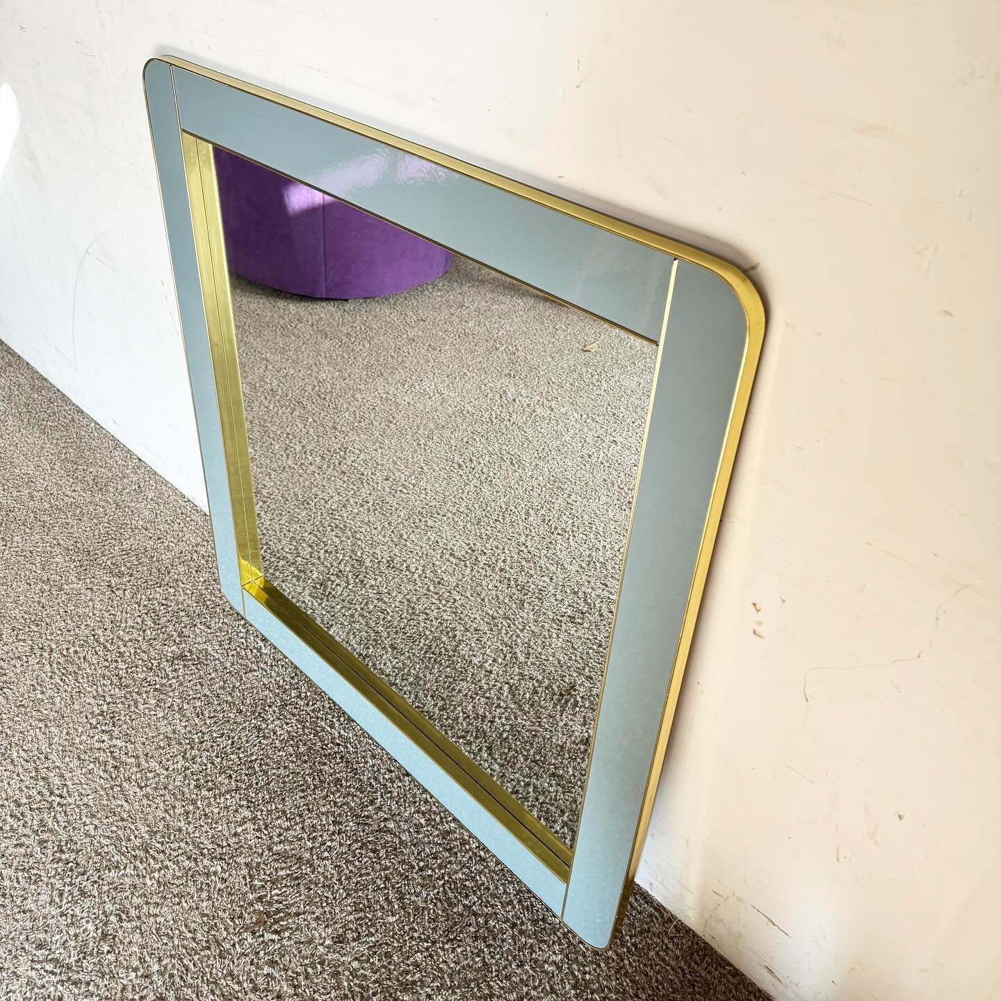 Postmodern Italian Baby Blue Lacquered Mirror With Gold Accent In Good Condition For Sale In Delray Beach, FL