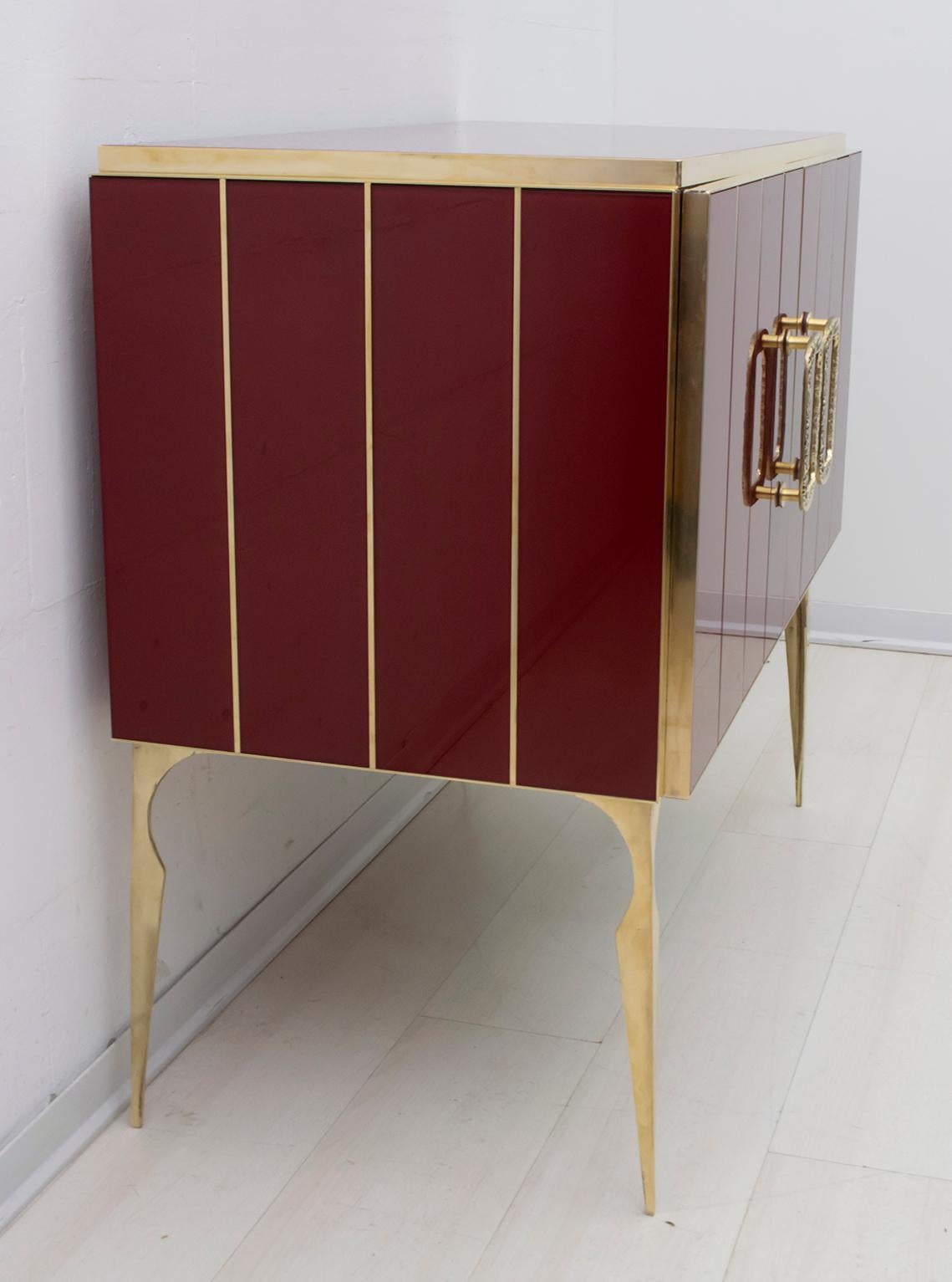 Late 20th Century Postmodern Italian Bar Cabinet Burgundy Red Glass and Brass