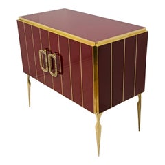 Postmodern Italian Bar Cabinet Burgundy Red Glass and Brass