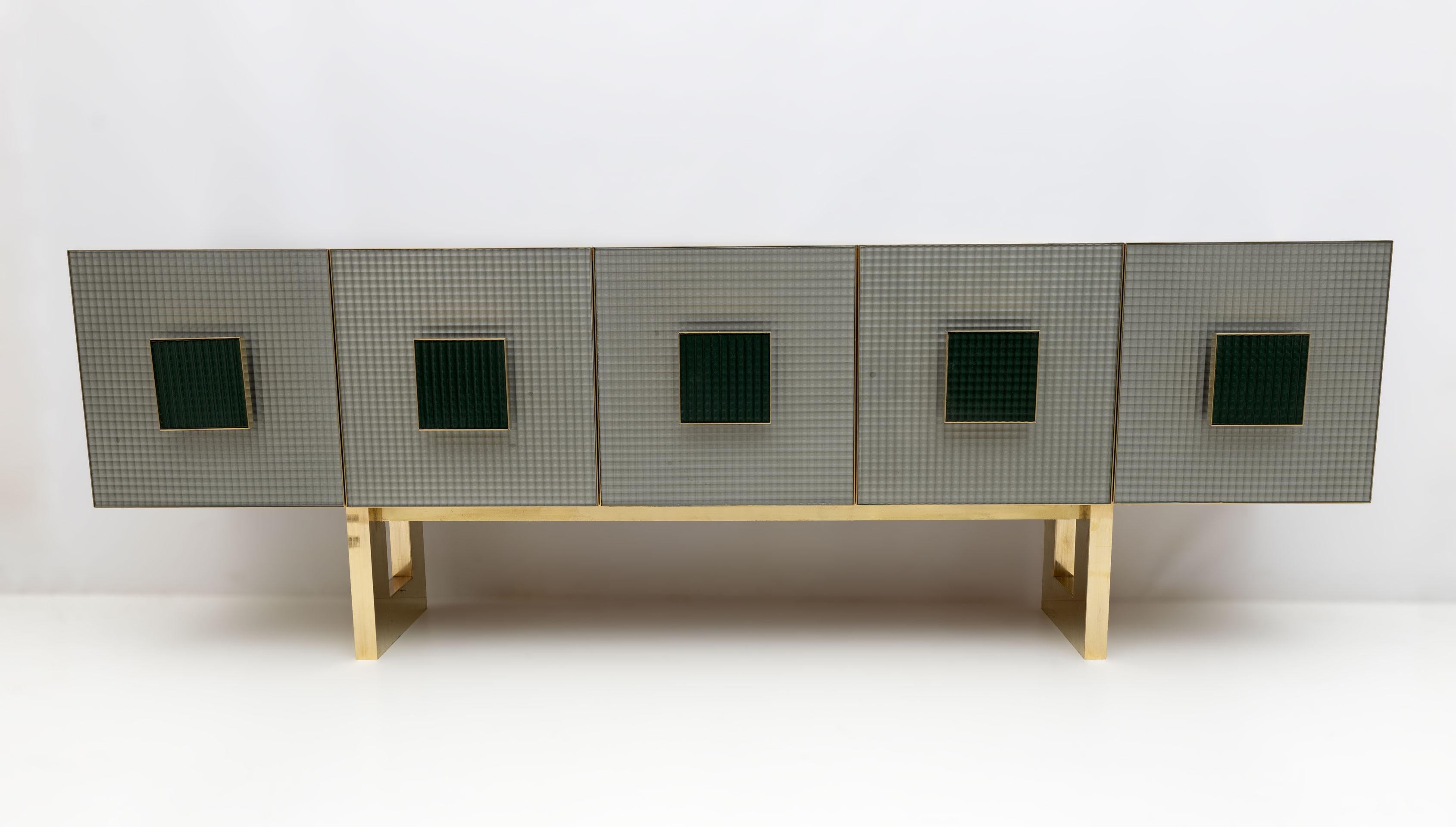 Post-Modern Postmodern Italian Bar Sideboard Colored Glass and Brass, 1980s For Sale