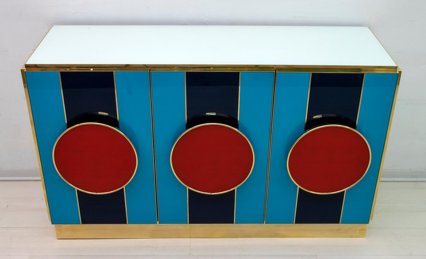 Stained Postmodern Italian Bar Sideboard Colored Glass and Brass, 1980s
