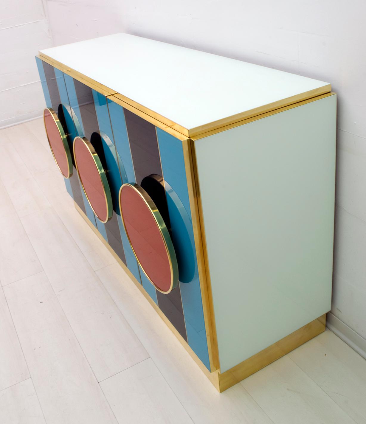 Postmodern Italian Bar Sideboard Colored Glass and Brass, 1980s In Excellent Condition In Puglia, Puglia