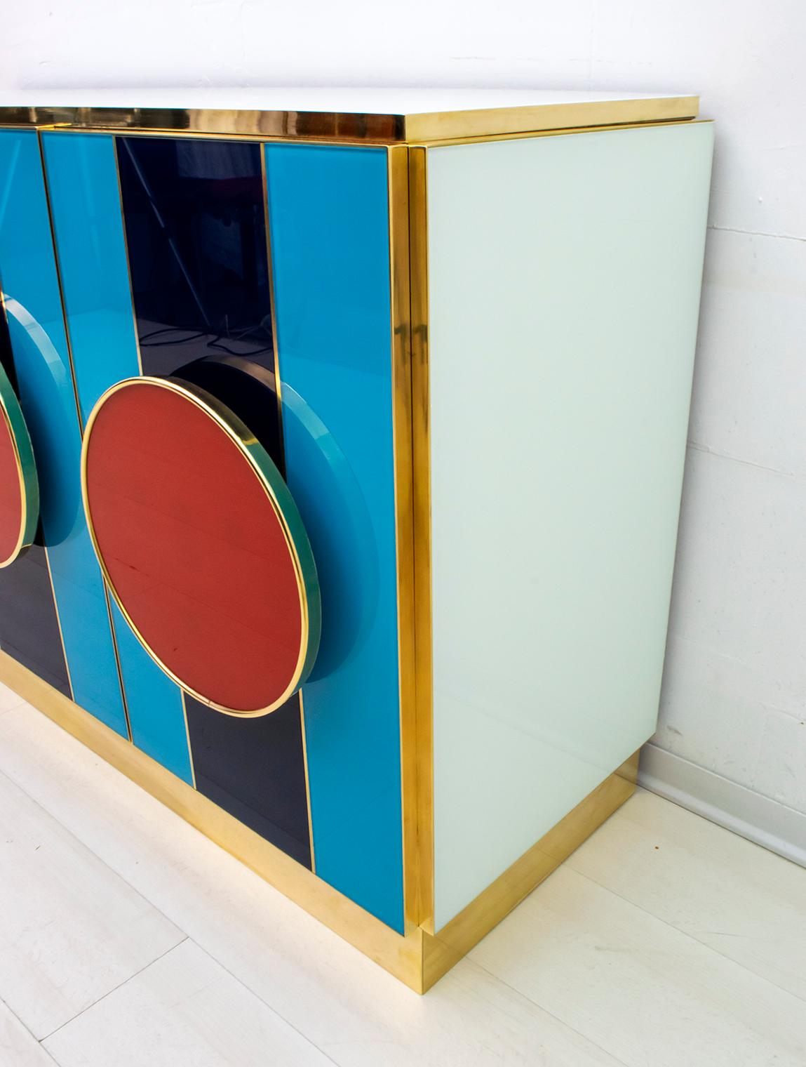 Late 20th Century Postmodern Italian Bar Sideboard Colored Glass and Brass, 1980s