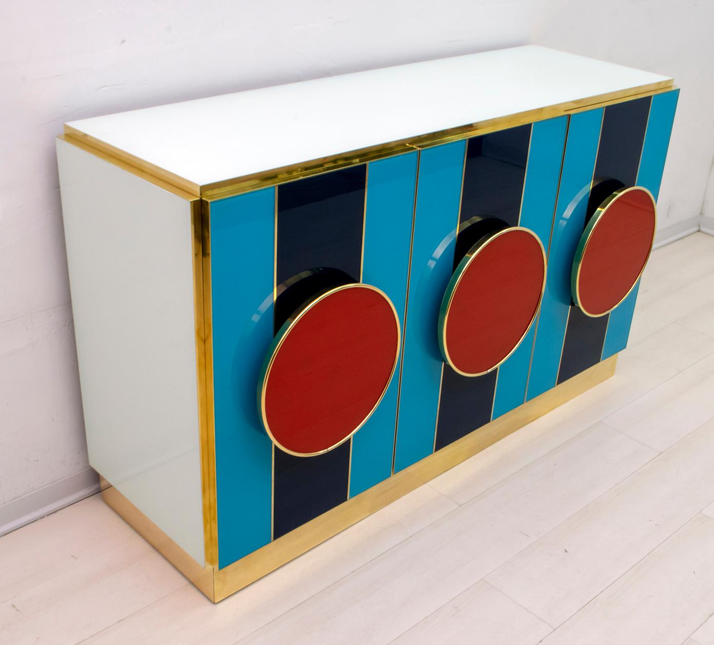Late 20th Century Postmodern Italian Bar Sideboard Colored Glass and Brass, 1980s