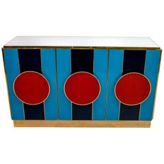 Postmodern Italian Bar Sideboard Colored Glass and Brass, 1980s