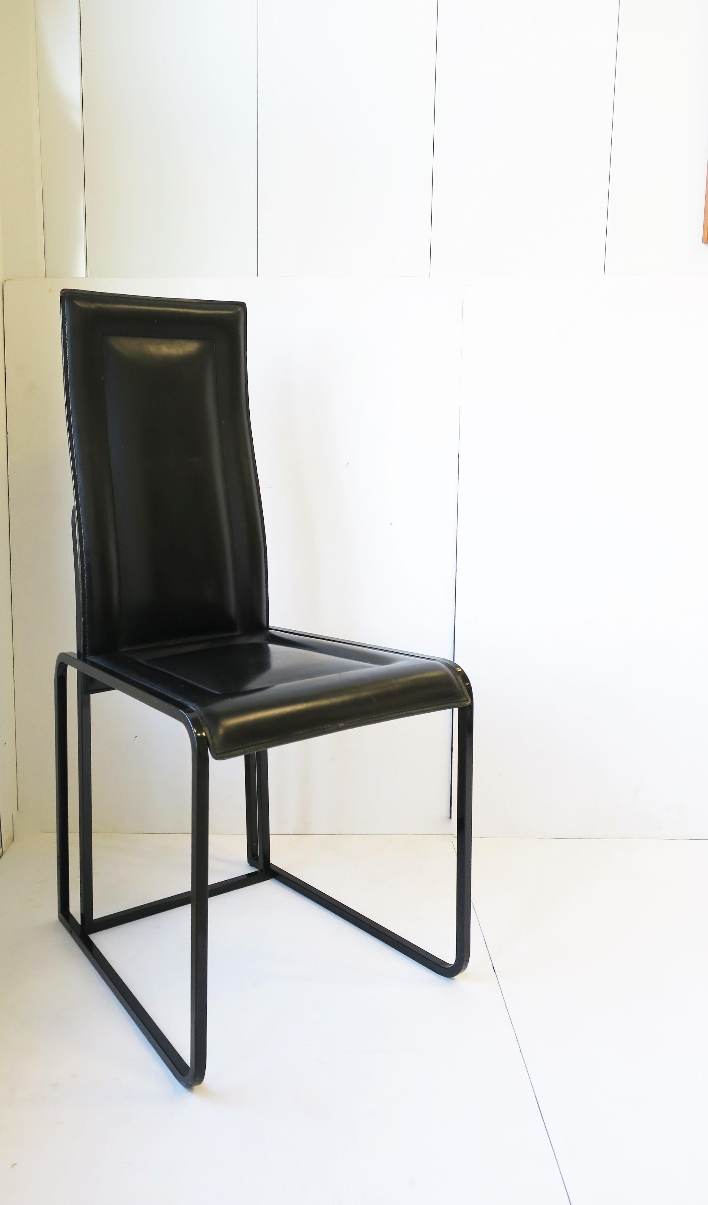 Italian Black Leather Side Dining Desk Chairs Postmodern Pair, circa 1970s For Sale 7