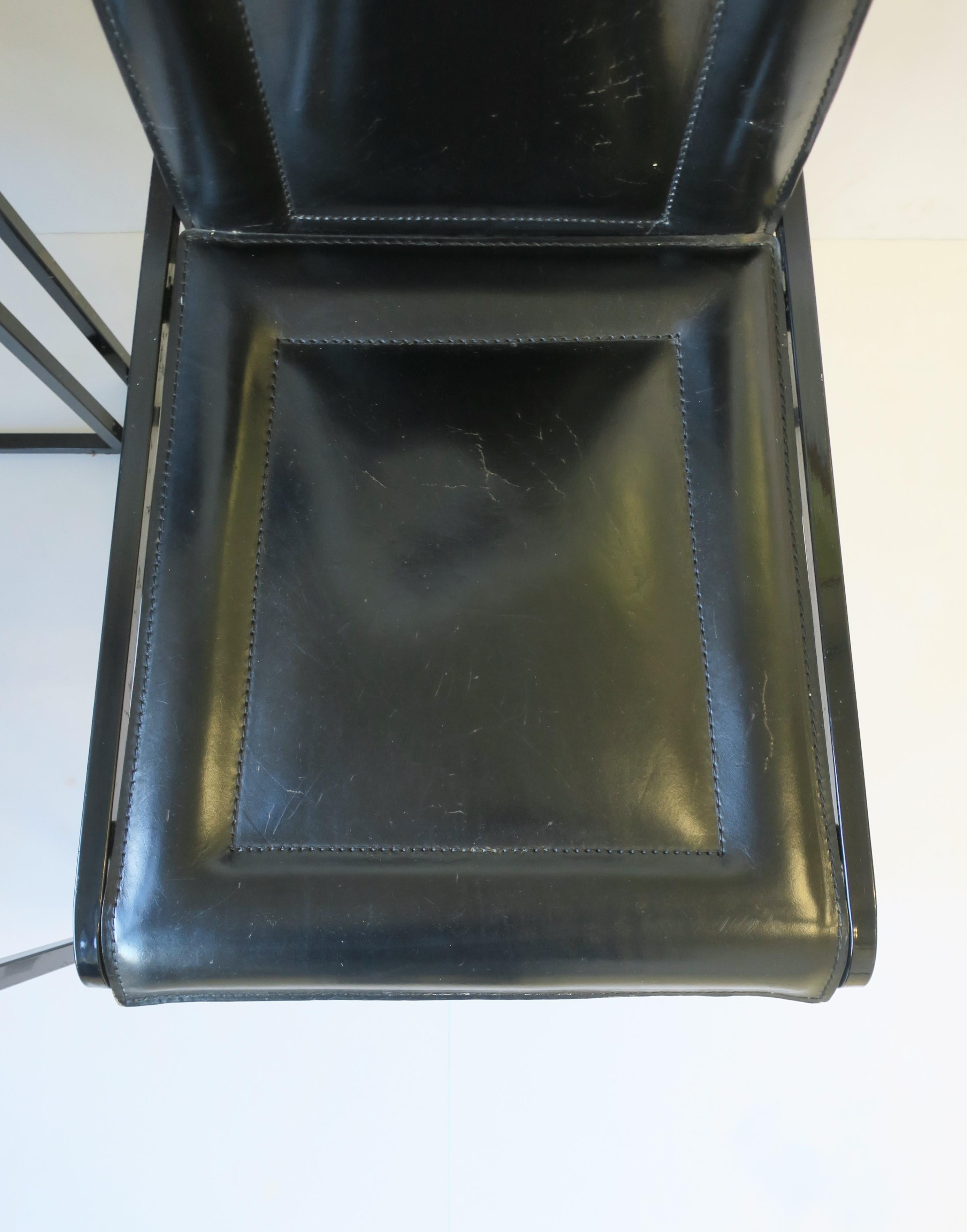 Italian Black Leather Side Dining Desk Chairs Postmodern Pair, circa 1970s For Sale 13