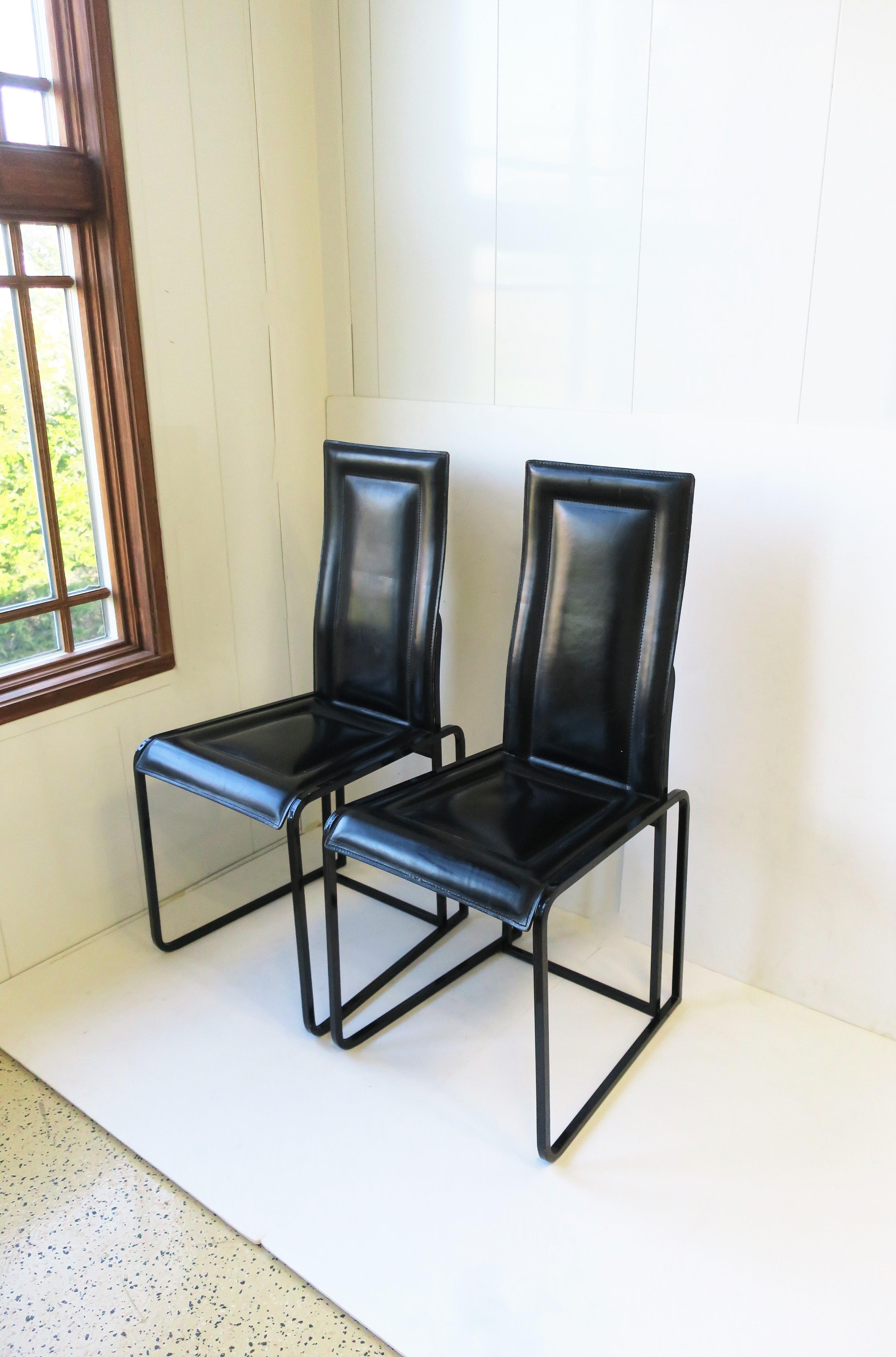Post-Modern Italian Black Leather Side Dining Desk Chairs Postmodern Pair, circa 1970s For Sale