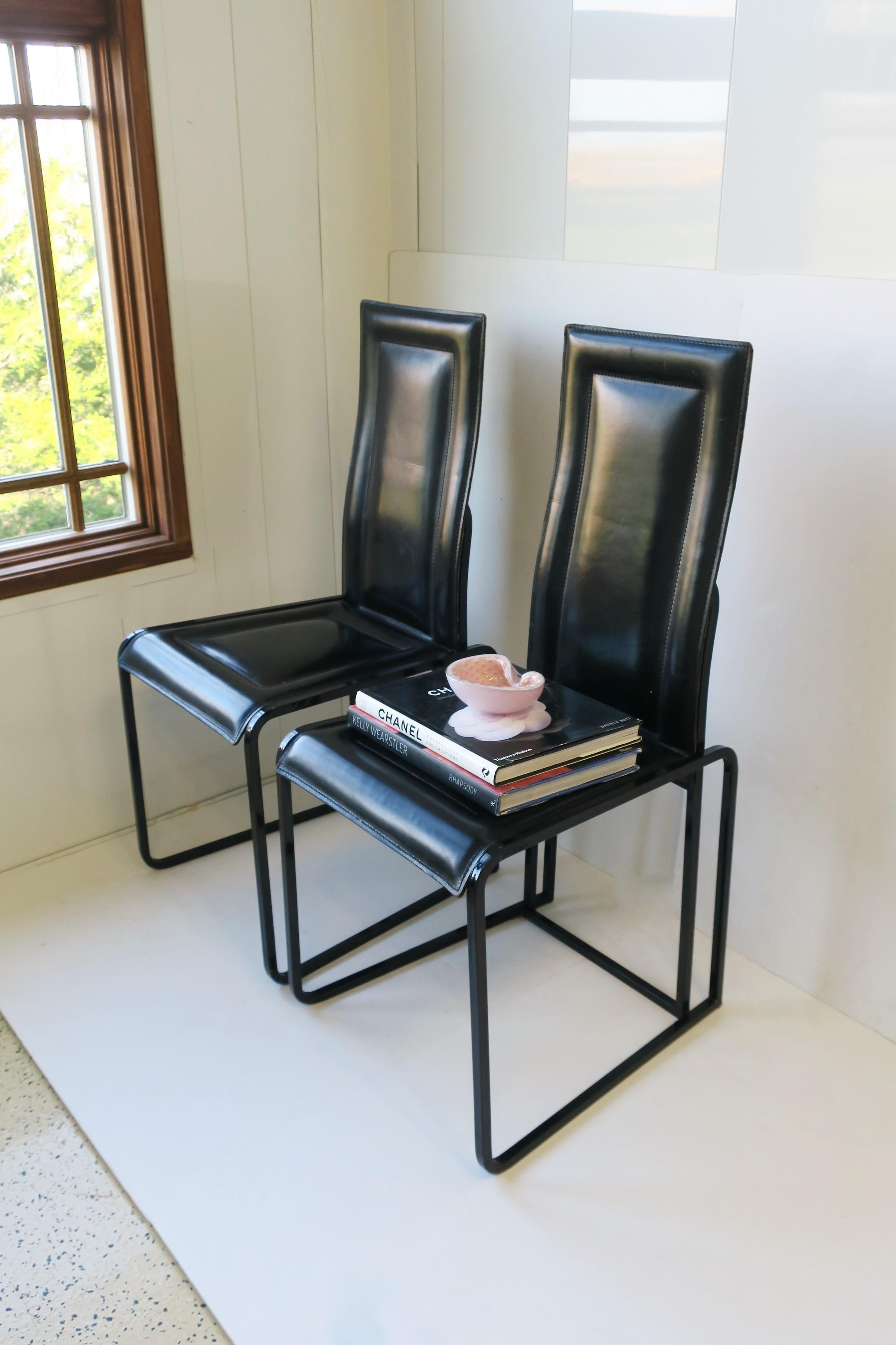Late 20th Century Italian Black Leather Side Dining Desk Chairs Postmodern Pair, circa 1970s For Sale