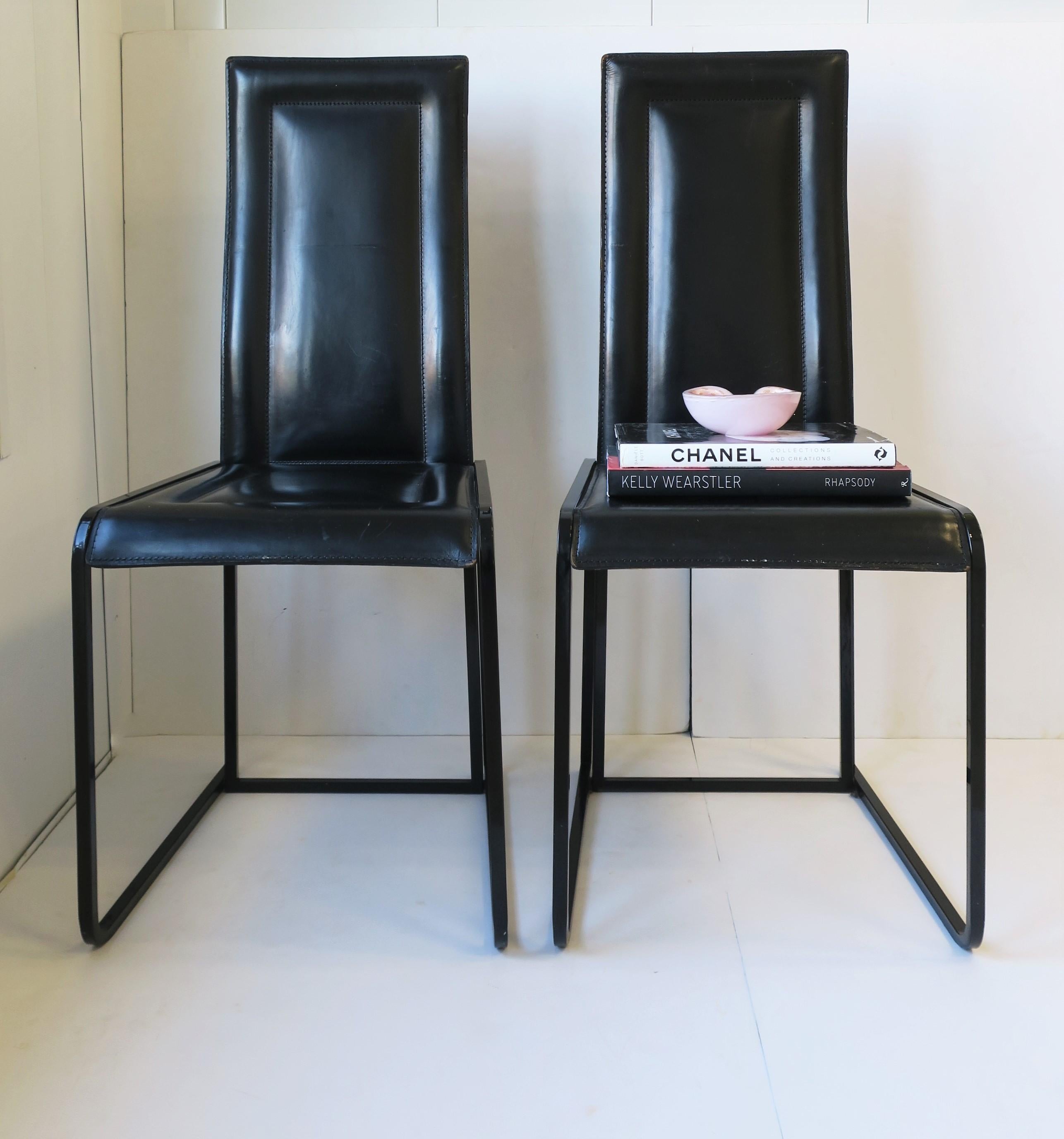 Metal Italian Black Leather Side Dining Desk Chairs Postmodern Pair, circa 1970s For Sale