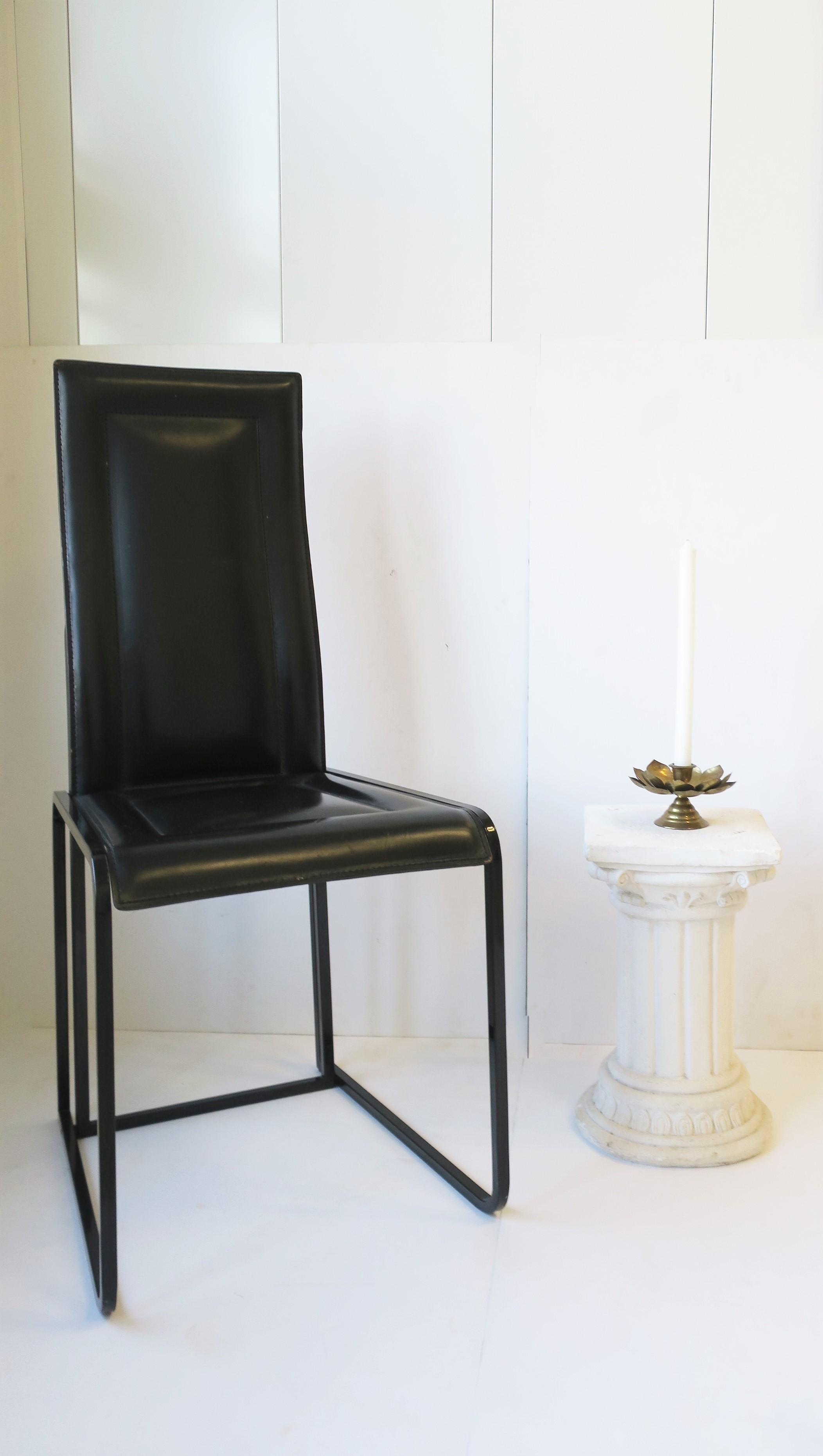 Italian Black Leather Side Dining Desk Chairs Postmodern Pair, circa 1970s For Sale 3
