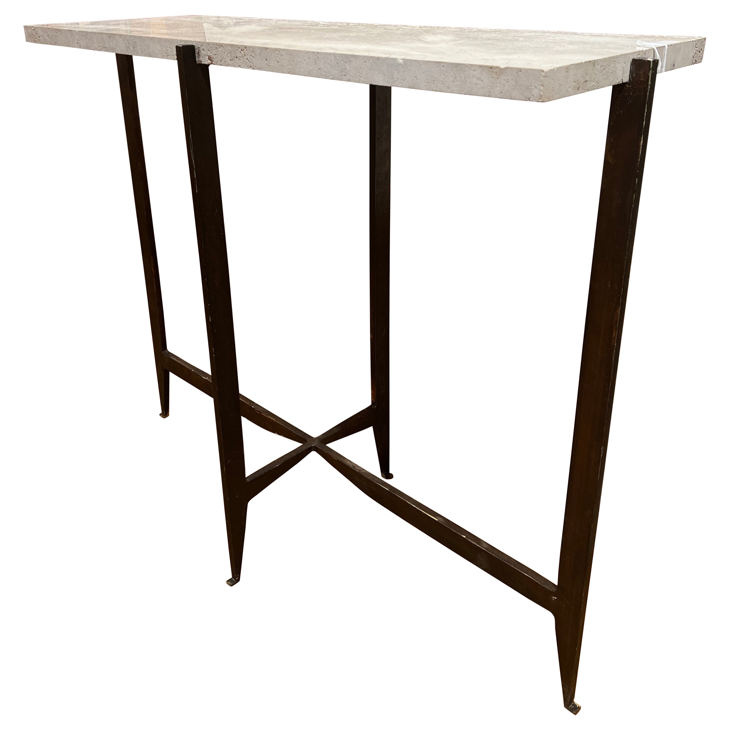 Consola italiana postmoderna de bronce y travertino
