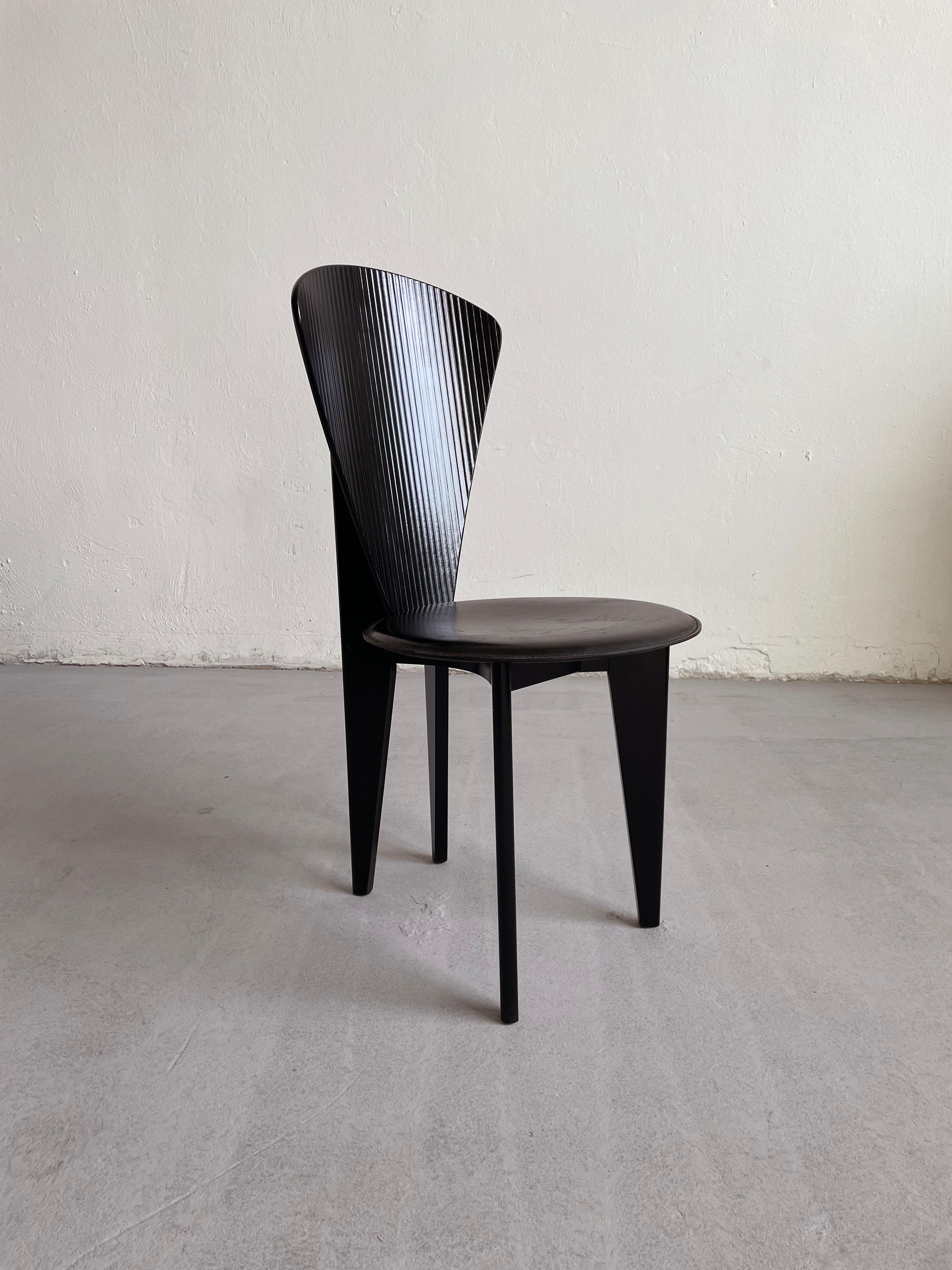 Postmodern Italian Calligaris Dining Chair, Black Leather and Wood, 1980s 1
