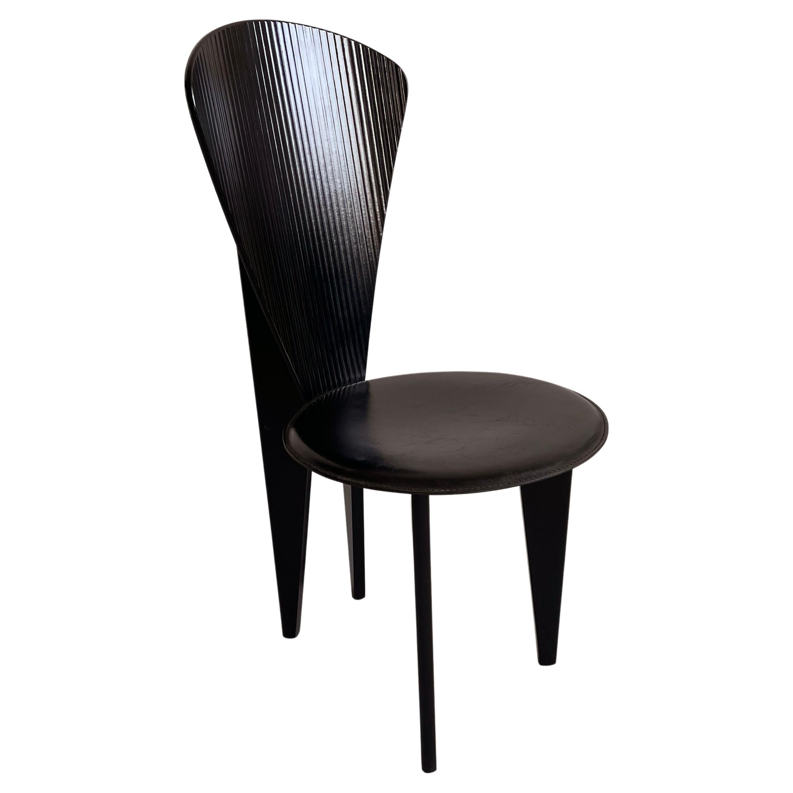 Postmodern Italian Calligaris Dining Chair, Black Leather and Wood, 1980s