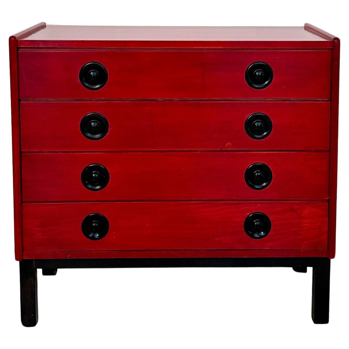 Postmodern Italian Chest of Drawers in Red and Place lacquered Beech Wood, 1980s