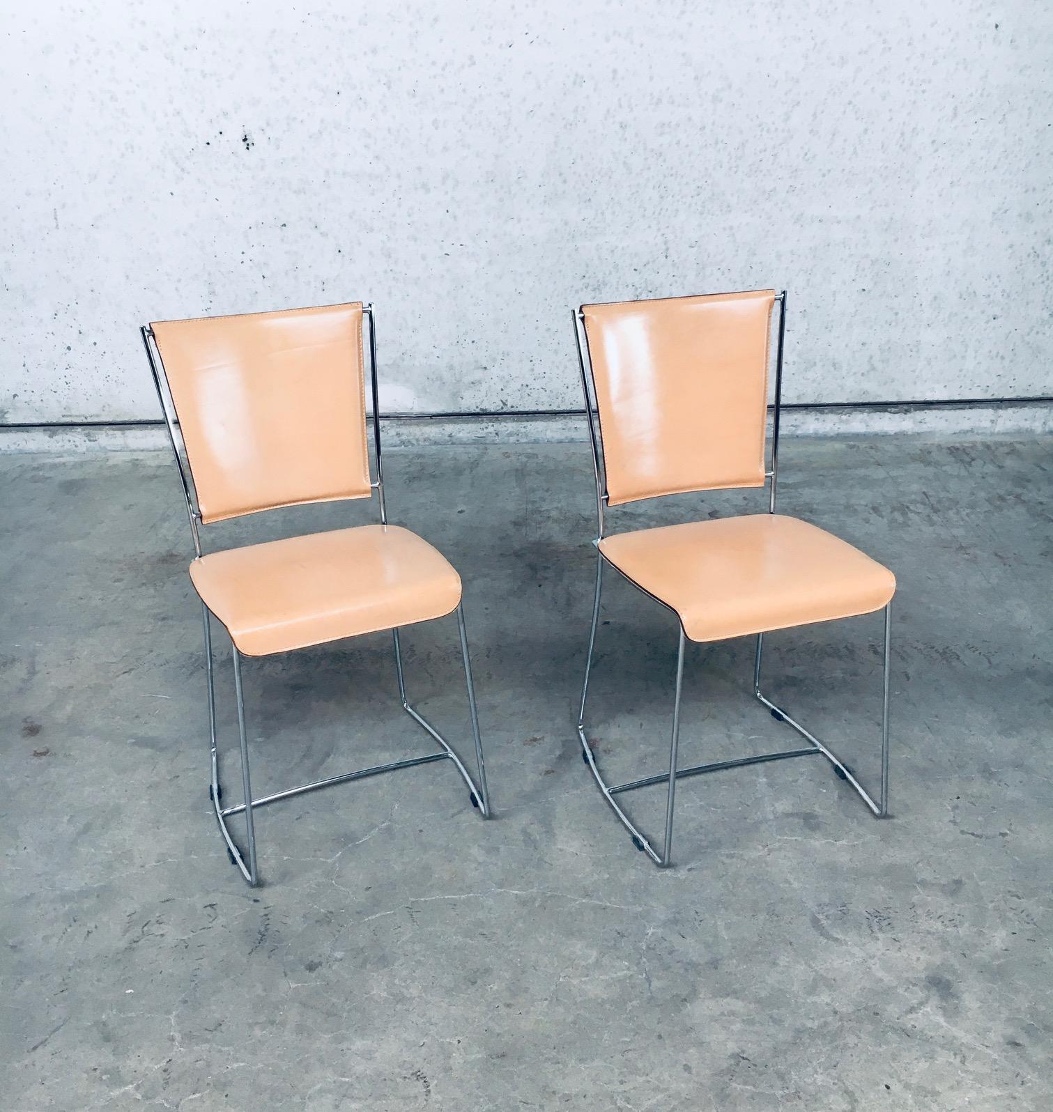 Vintage Postmodern Modern Italian Design Leather Dining Chair set by Segis, made in Italy 1990's. Beautiful slender designed chairs. Marked with label, Segis. Beige thick sown leather with chrome metal frame. In very good, original condition. Each