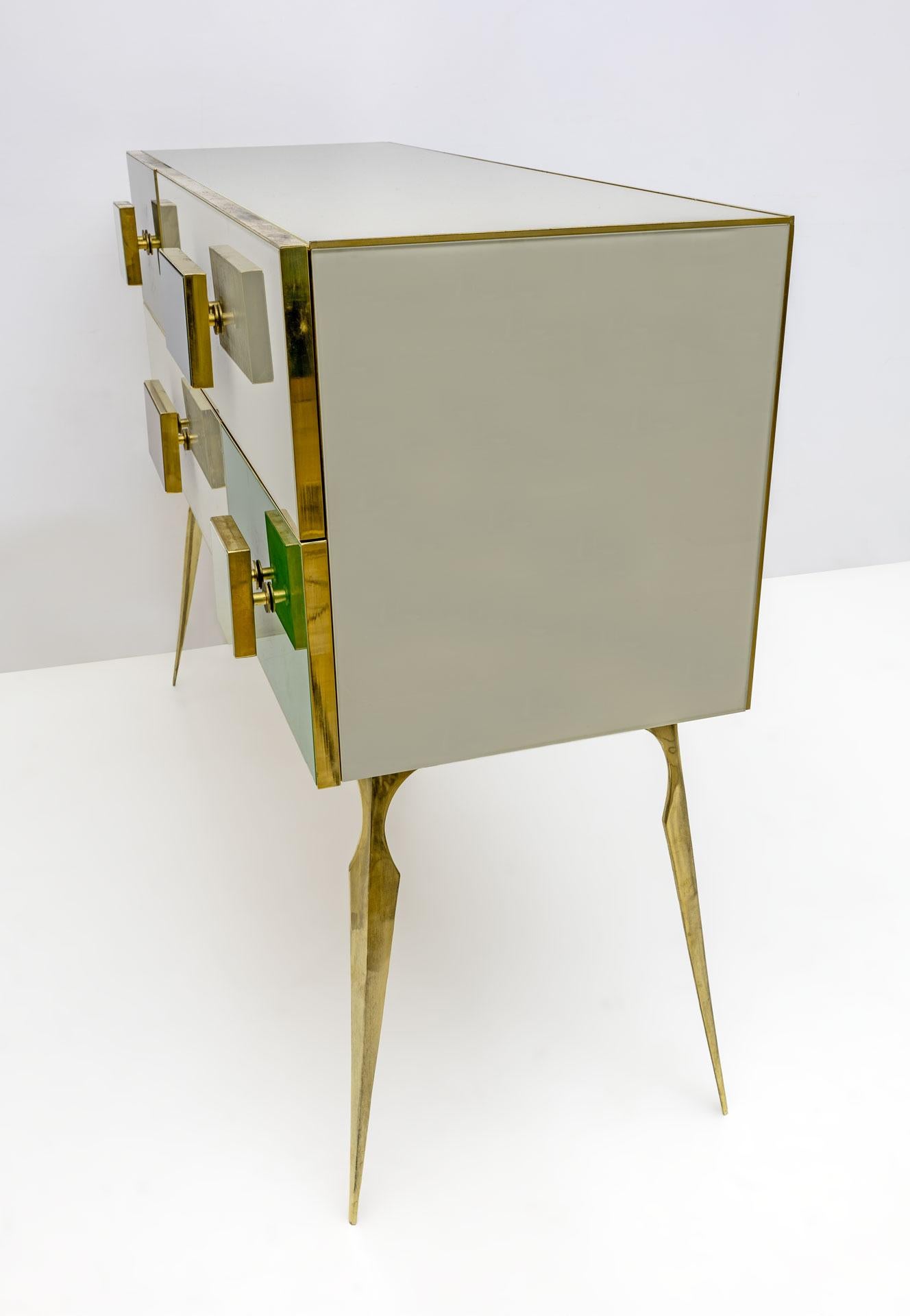 Postmodern Italian Dresser/Chest Colored Glass and Brass, 1980s In Good Condition For Sale In Puglia, Puglia