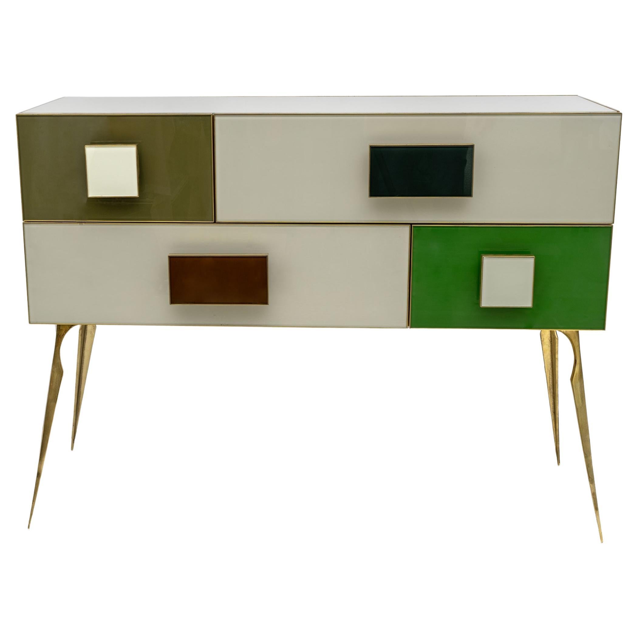Postmodern Italian Dresser/Chest Colored Glass and Brass, 1980s