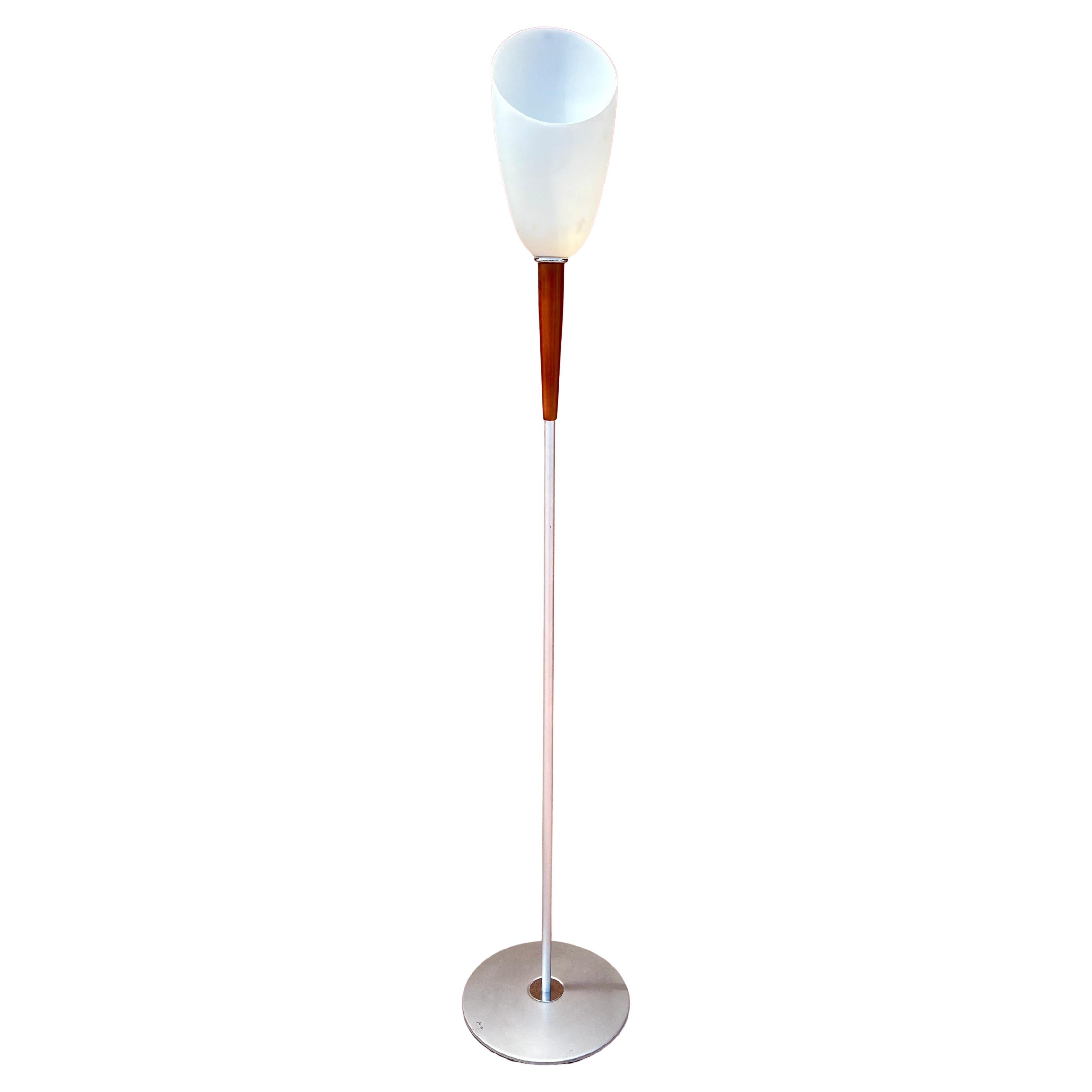 Beautiful Italian postmodern floor lamp by Roberto freno for VeArt circa 1980's, gorgeous glass lamp shade that will be removed for easy and protective shipping nice accents of cherry wood with chrome accents and gun powder finish on pole and base.