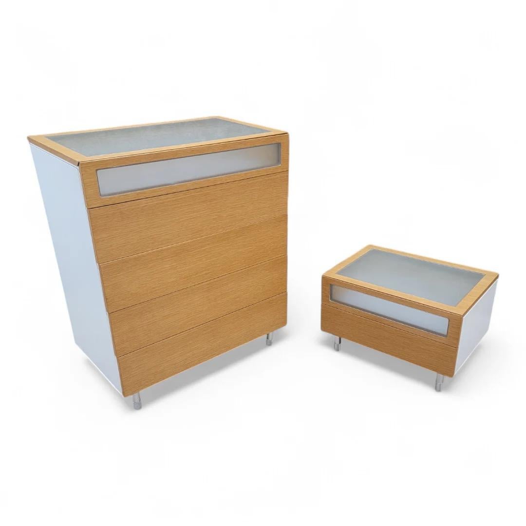 Vintage Postmodern Italian Light Wood & Frosted Glass 5 Drawer Dresser with 2 Drawer Low Profile Side Chest

This vintage postmodern Italian dresser features a light wood finish complemented by frosted glass accents, offering a stylish and