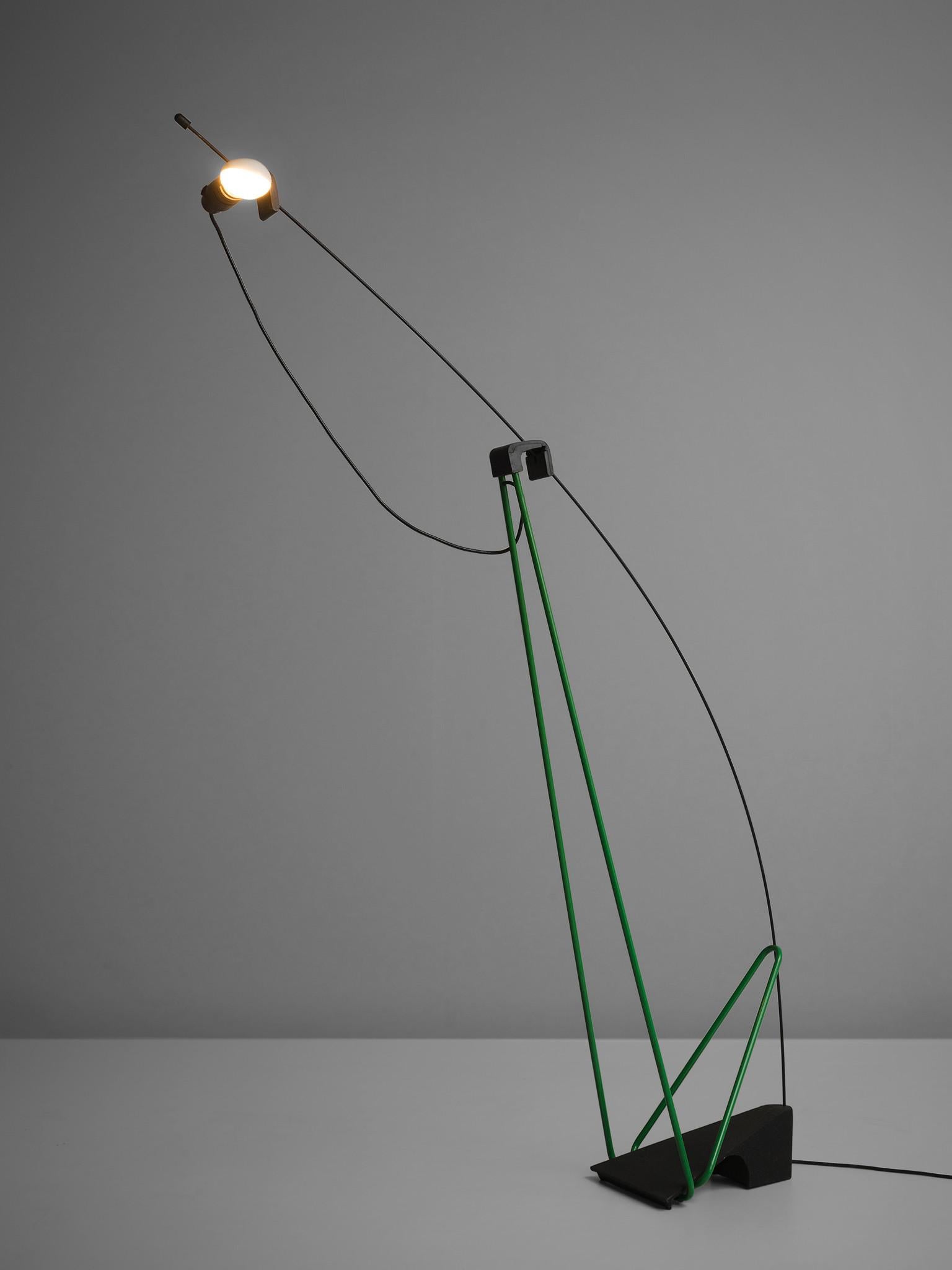 Floor lamp, green and black, polyester and steel, Italy, 1970s.

This playful, graphic floor lamp is designed to be an eyecatcher in every modern interior. The lamp holds a solid steel base and playful black and green lines that go both horizontal