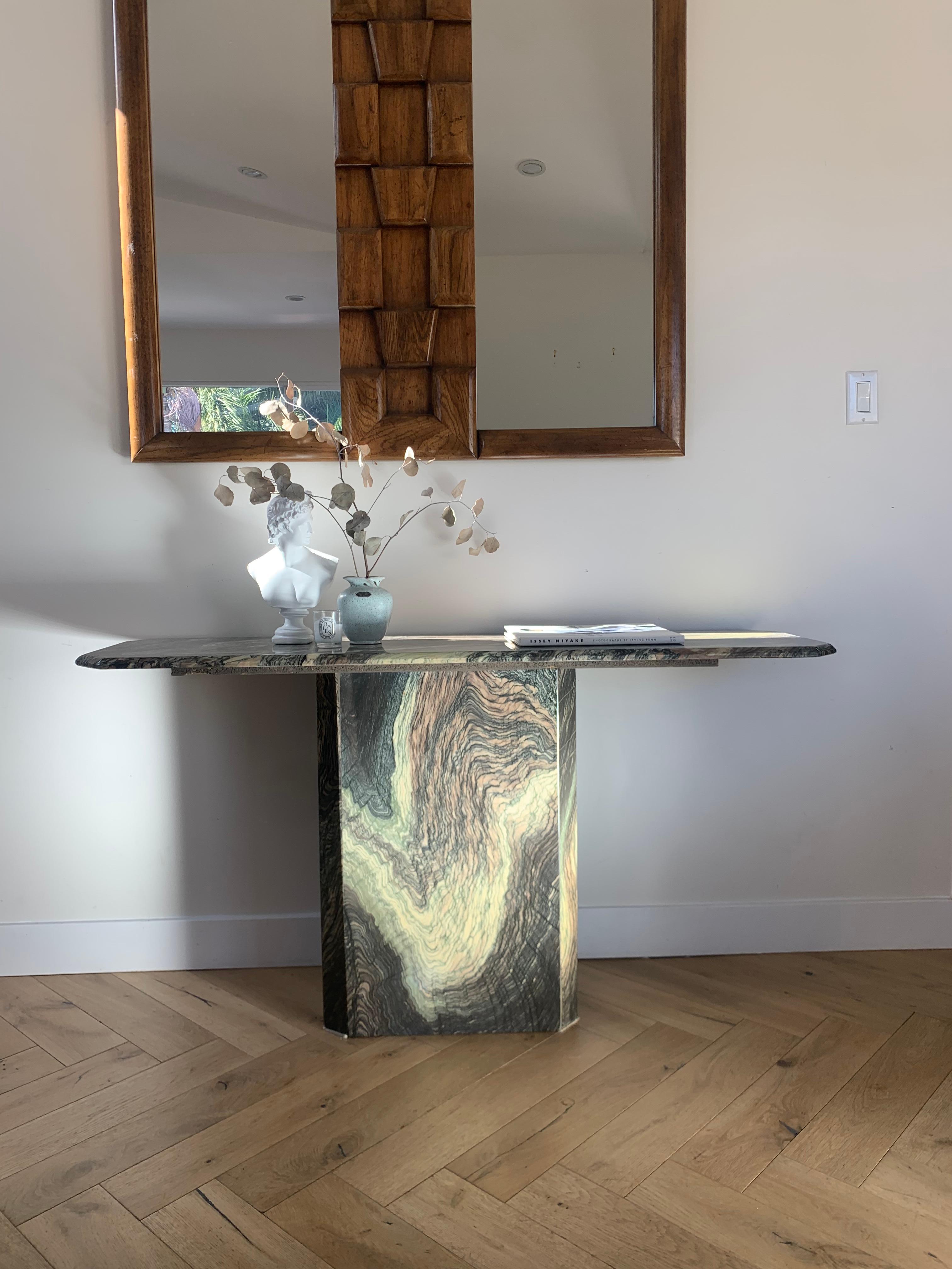 Vintage Italian luana marble console table, 1970s. Pale ochre, rust, and seafoam with robust pine veining. A makeshift wooden block sits between the pedestal base and top (see video) but can be removed if desired. Heavy but 2 pieces for easy
