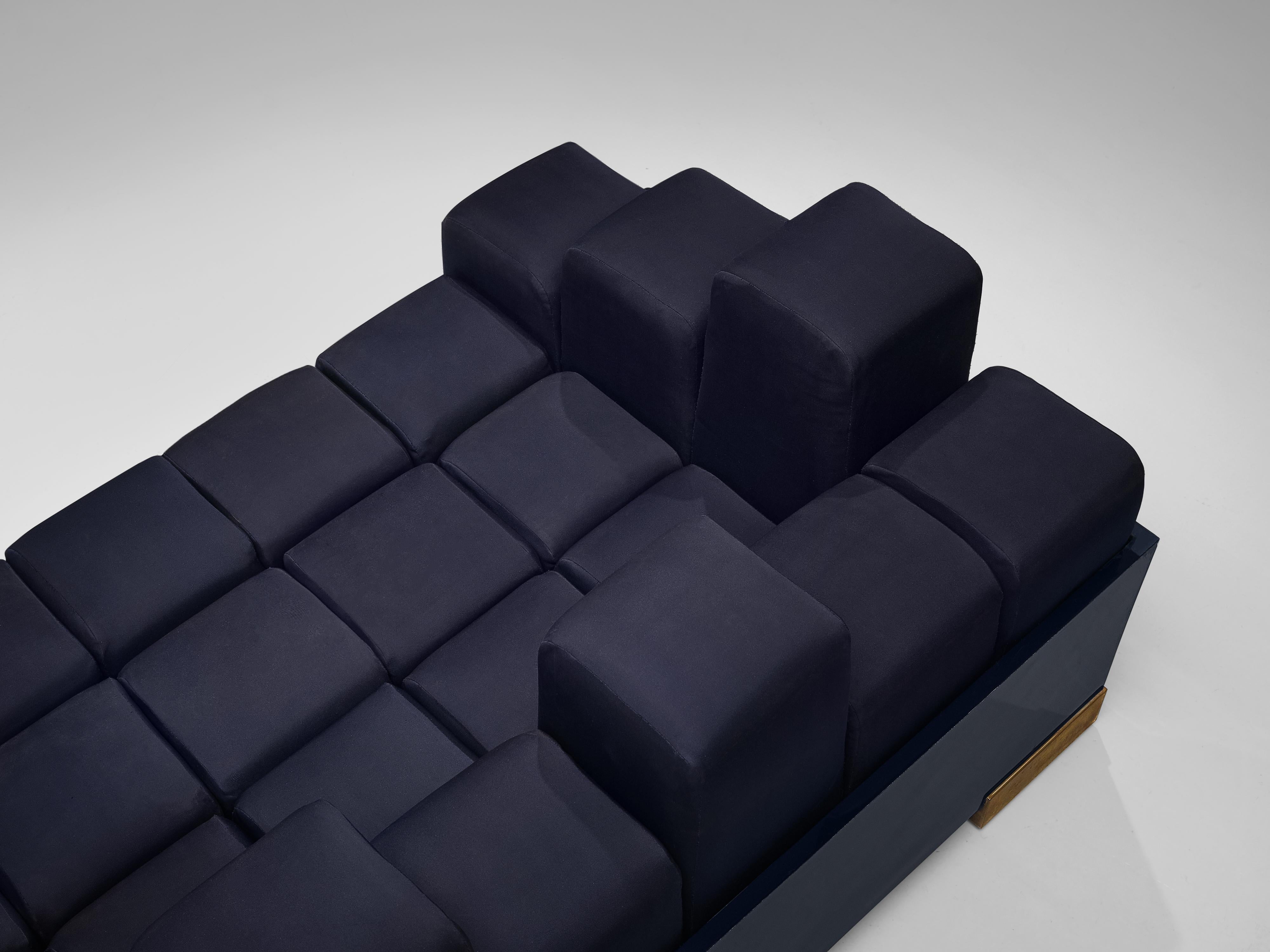 Brass Postmodern Italian 'Manhattan Skyline' Sofa in Blue Upholstered Cubes